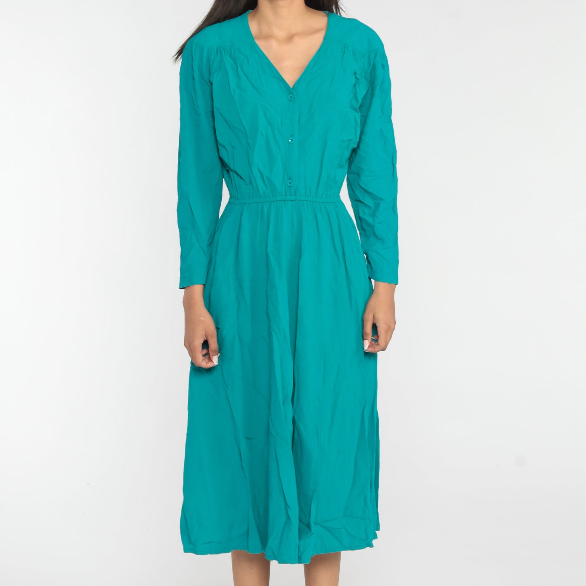 00s Teal Button-Up Maxi Dress High Waist Long Sleeve V-Neck Medium M
