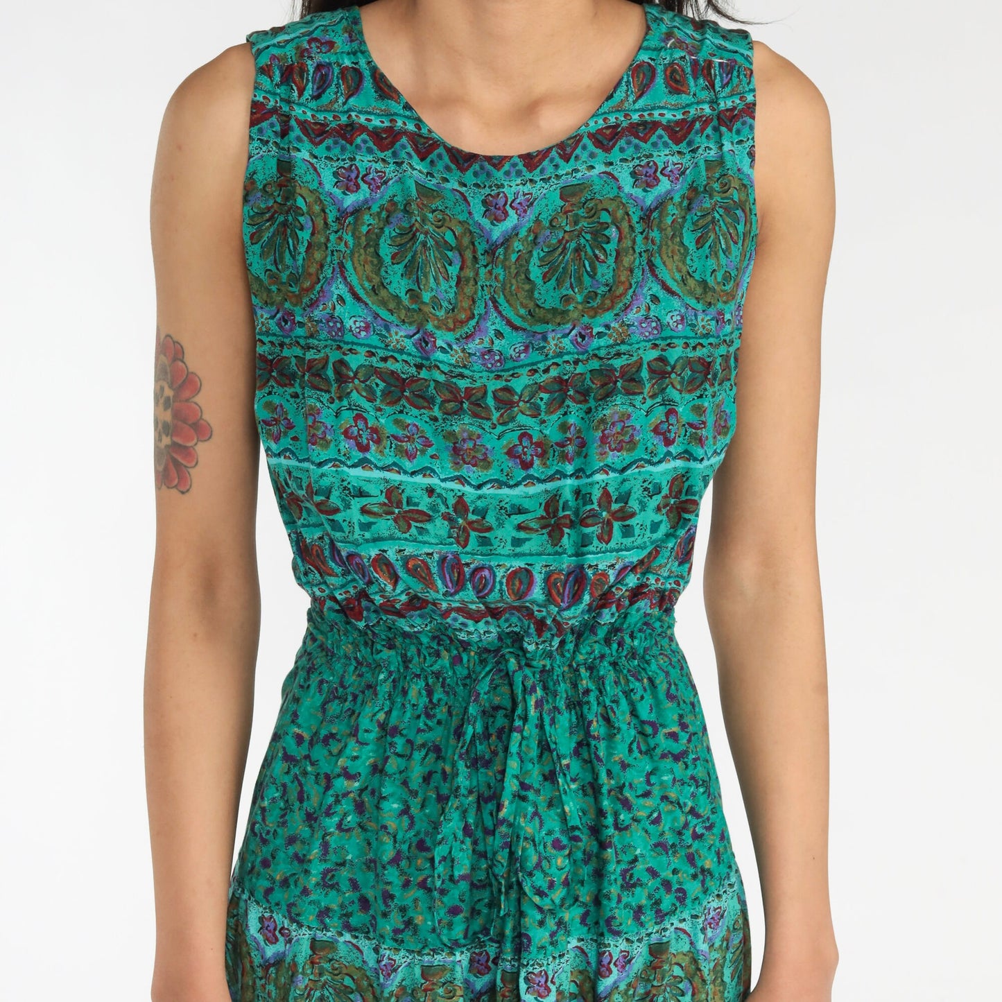 00s Indian Floral Midi Dress Green Sleeveless High Waist Cutout Back Small