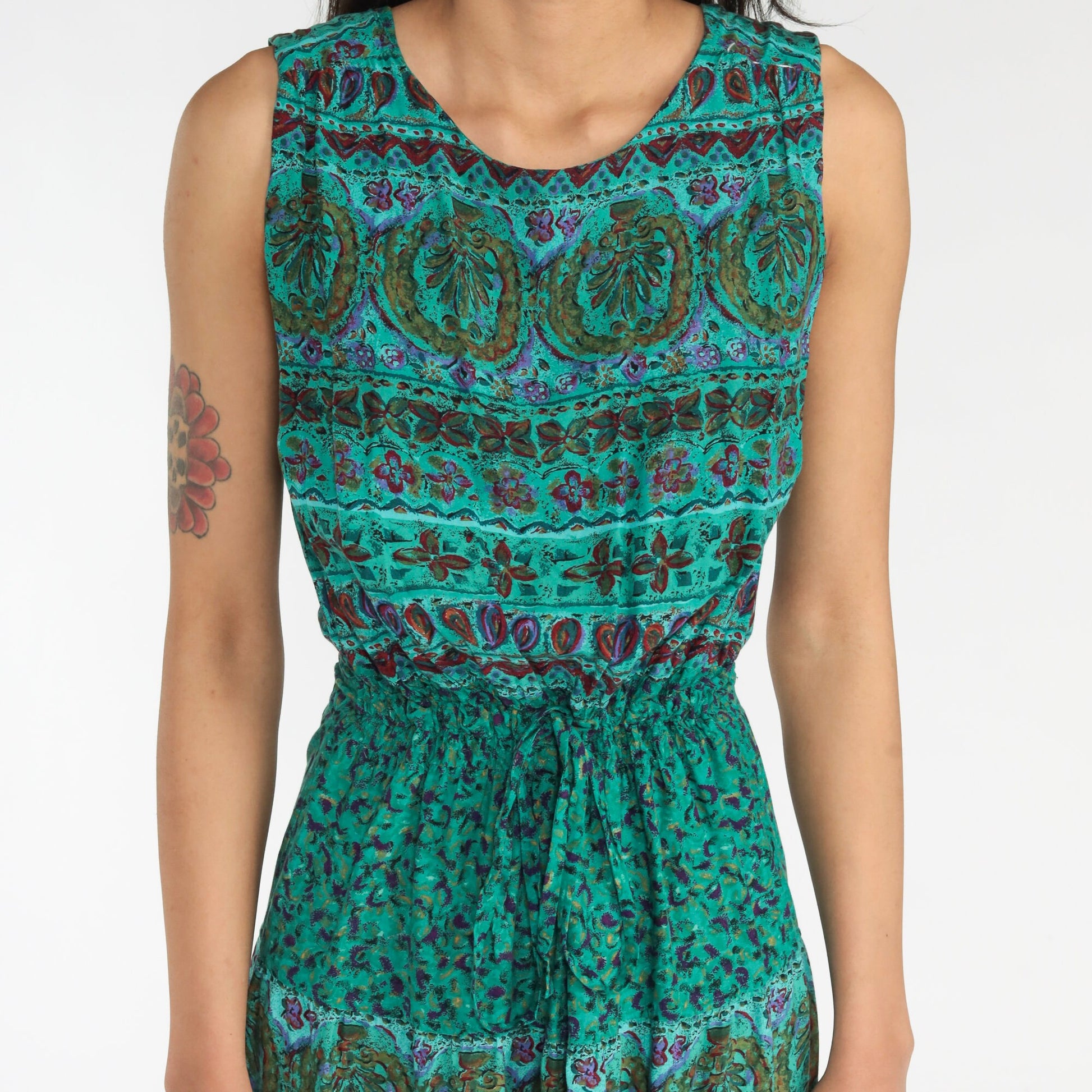 00s Indian Floral Midi Dress Green Sleeveless High Waist Cutout Back Small