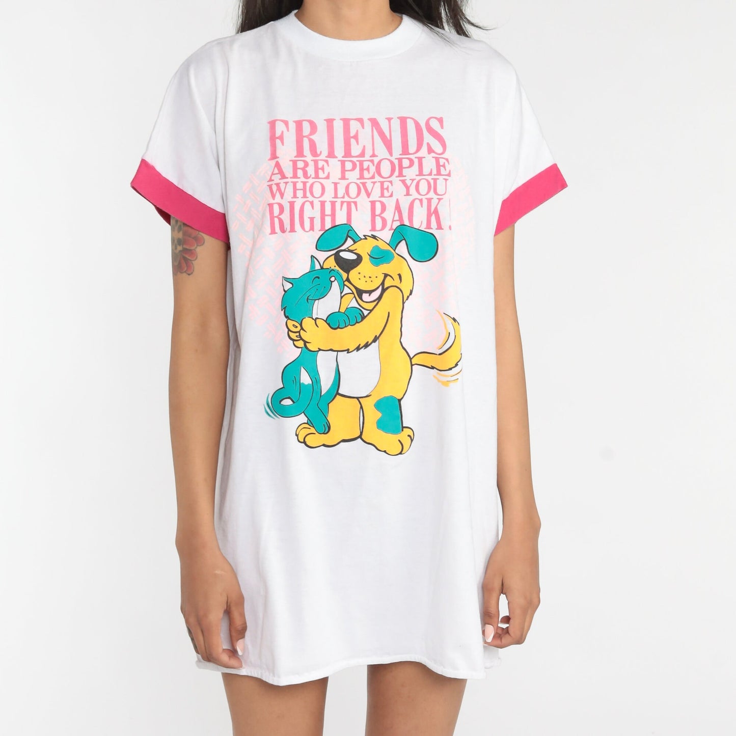 90s Cat Dog Friendship Graphic T-Shirt Dress White Cartoon Mini