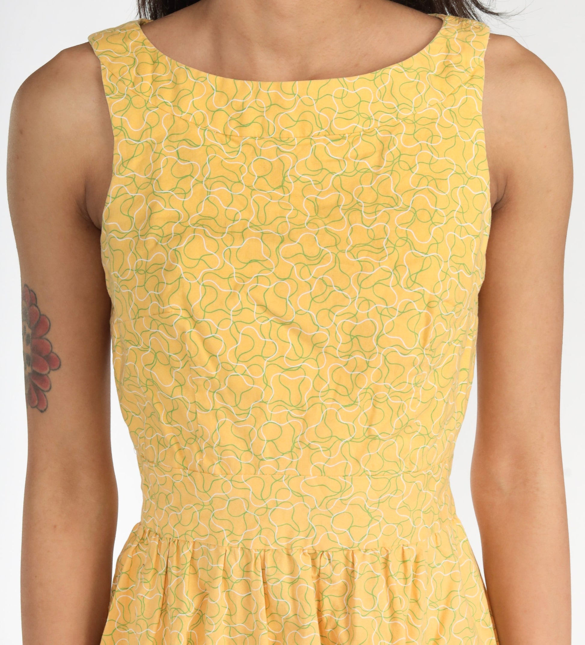 60s Yellow Mini Dress Abstract Print A-Line Sleeveless Cotton Extra Small