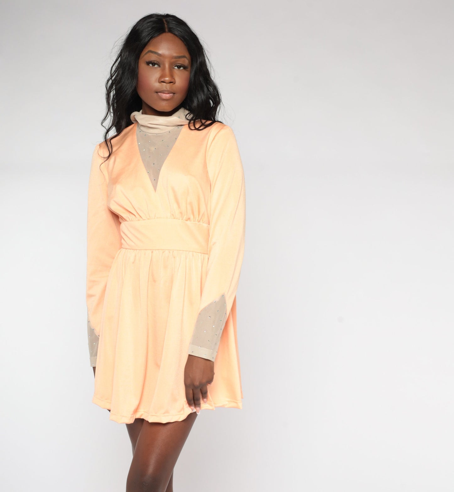 70s Peach Rhinestone Beaded Mini Dress Turtleneck Empire Waist Long Sleeve Medium