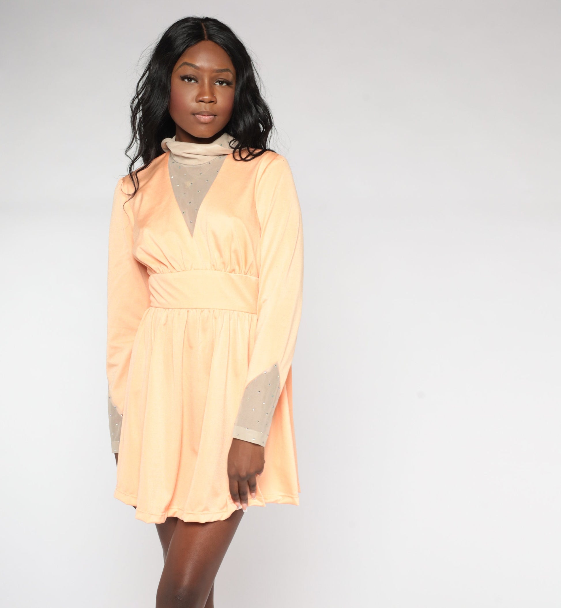 70s Peach Rhinestone Beaded Mini Dress Turtleneck Empire Waist Long Sleeve Medium