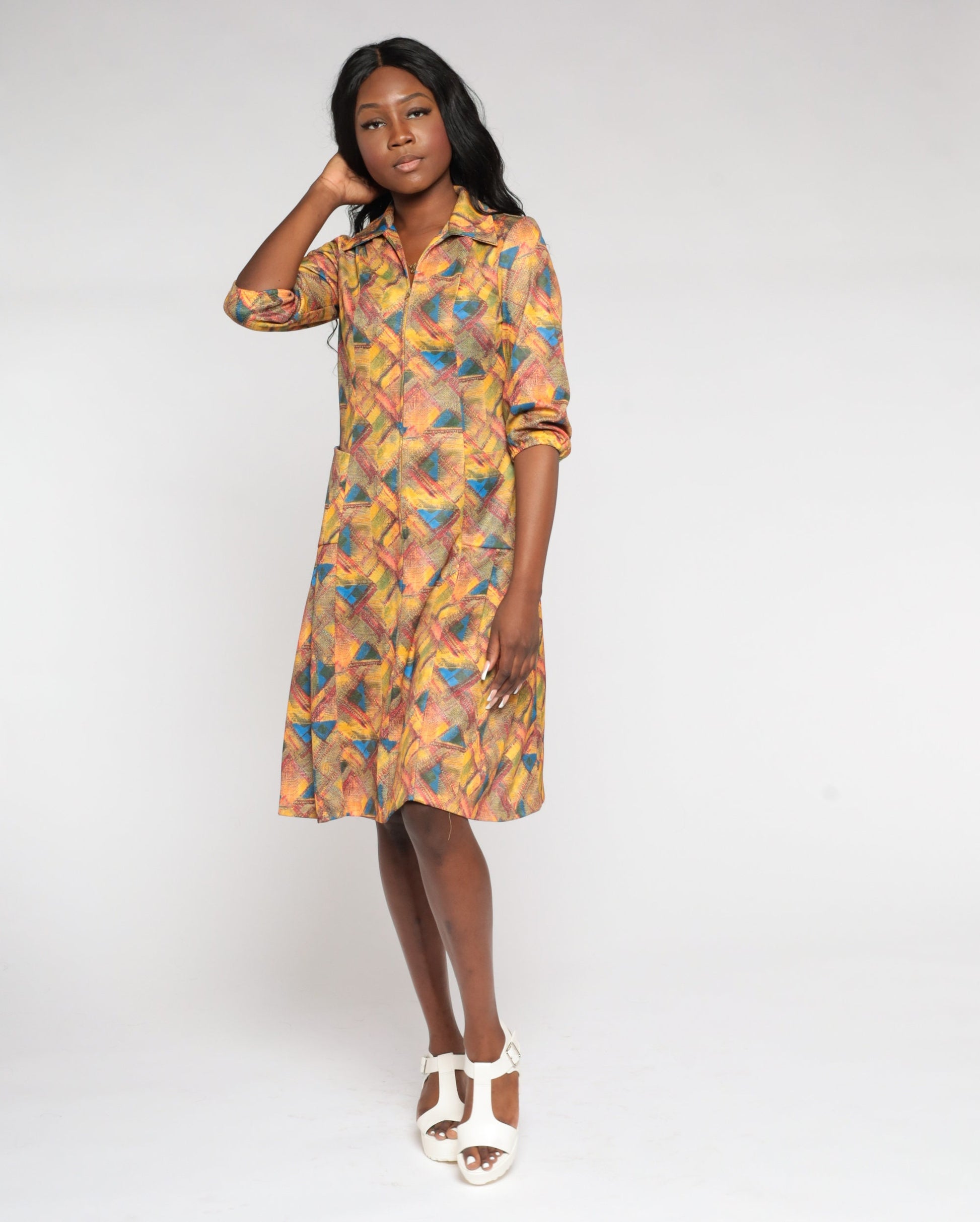 70s Geometric Abstract Print Shift Dress Collared Zip Front Knee Length Yellow Small