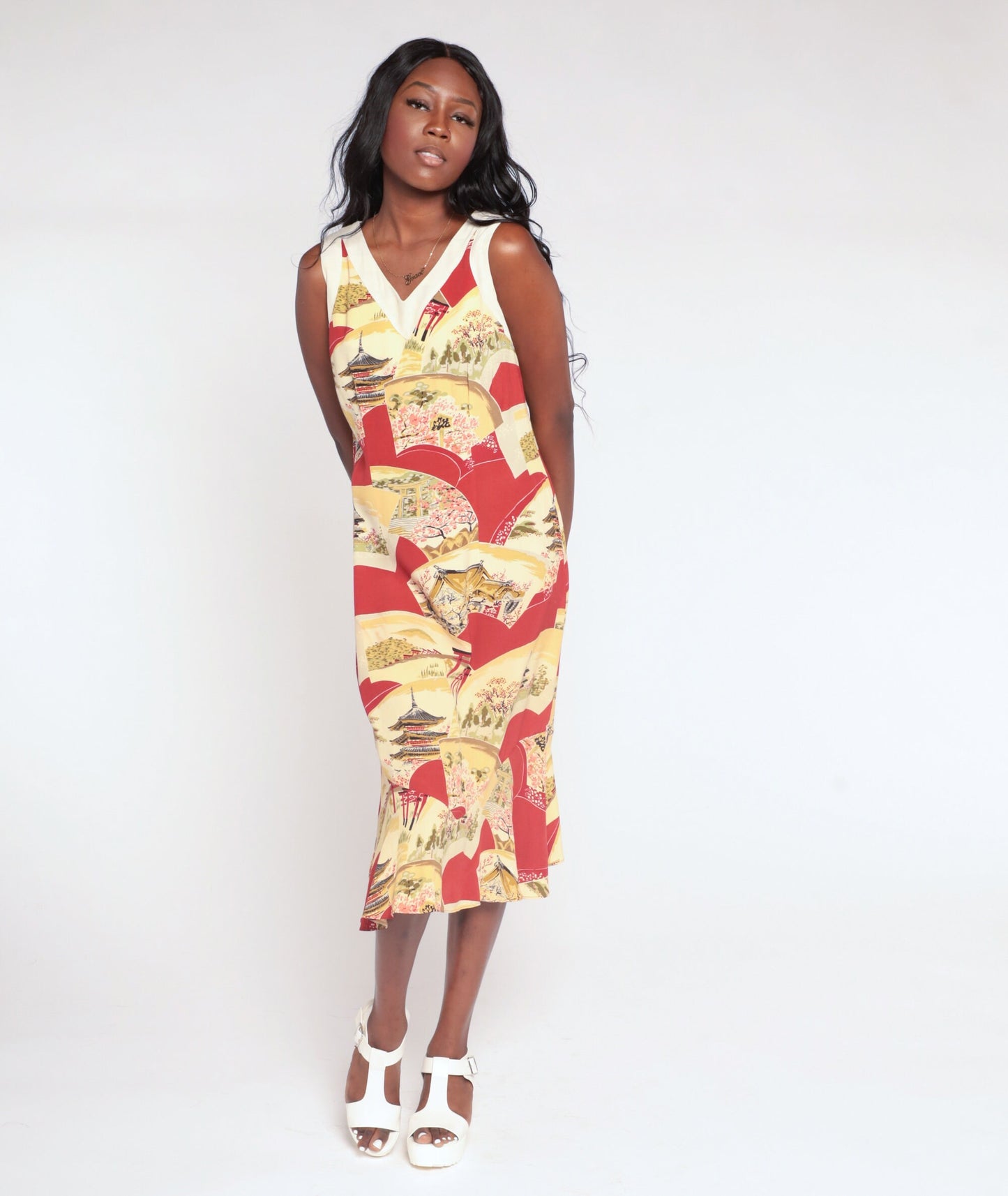 90s Red Midi Dress Asian Pagoda Print Sleeveless V-Neck Small S