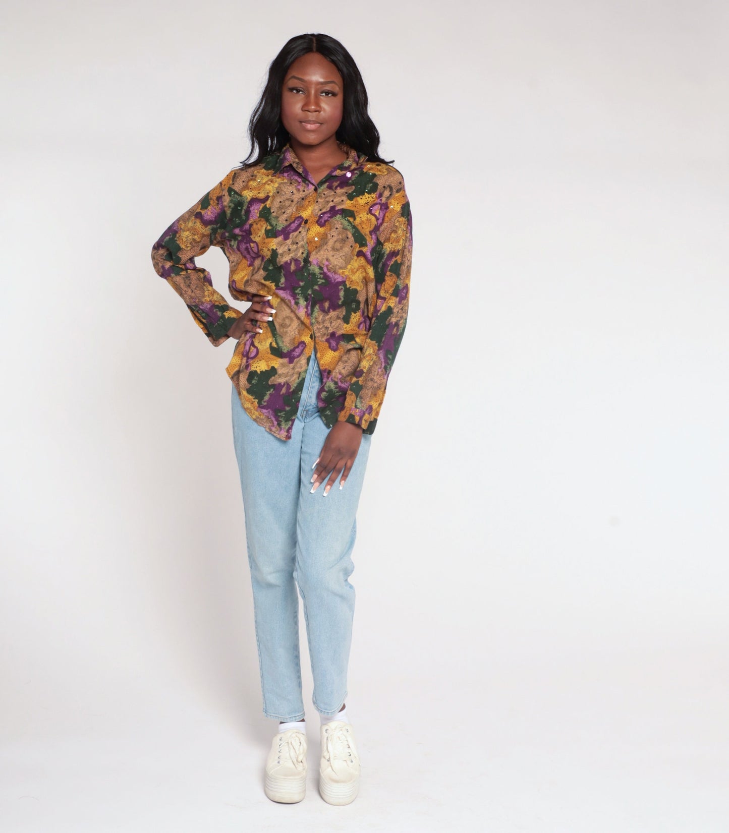 90s Floral Sequin Button Up Blouse Abstract Print Collared Long Sleeve Small