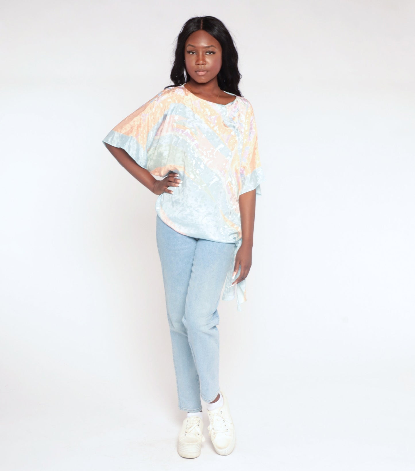 80s Pastel Striped Blouse Blue Orange Embossed Wide Sleeve Side Tie Medium