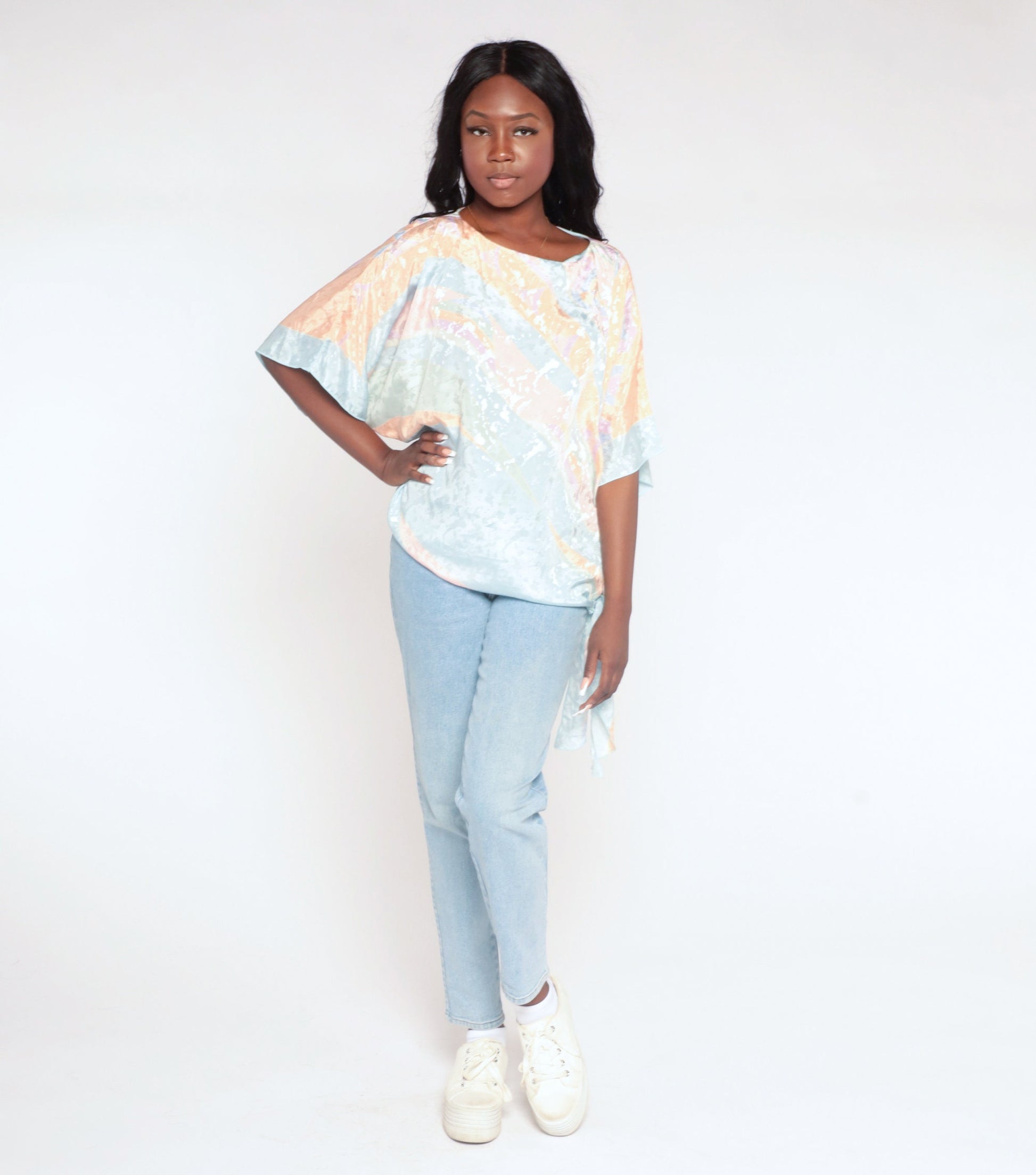 80s Pastel Striped Blouse Blue Orange Embossed Wide Sleeve Side Tie Medium