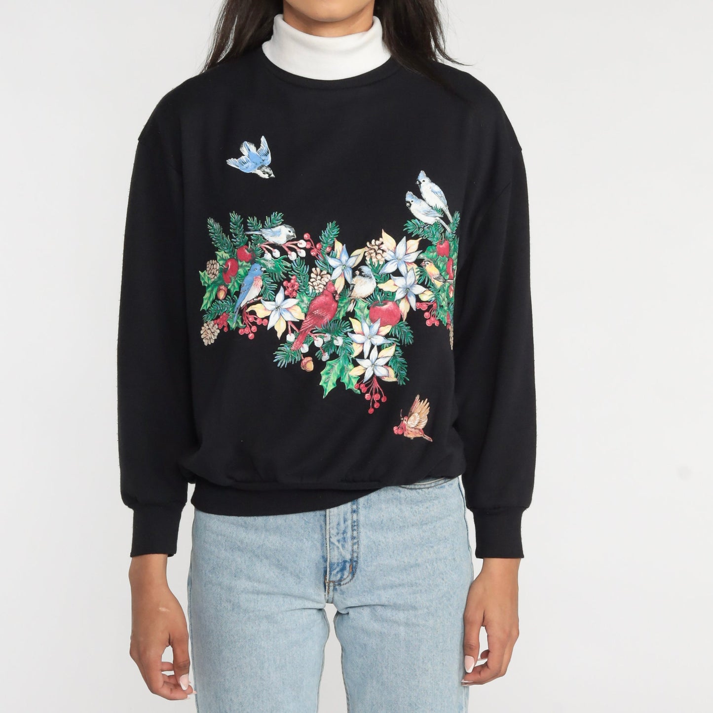 90s Bird Floral Wreath Turtleneck Sweatshirt Black Graphic Pullover Medium
