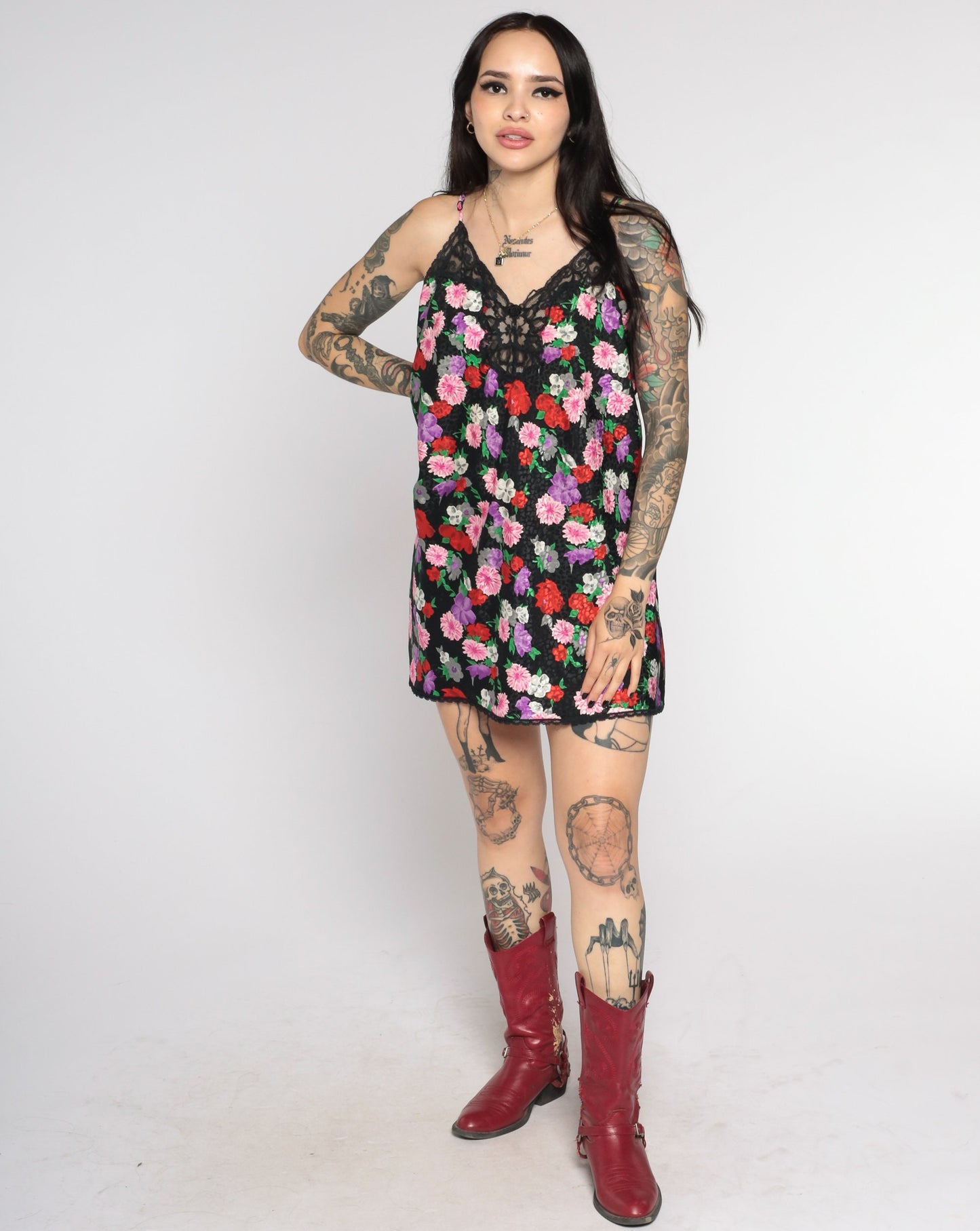 90s Black Floral Embossed Slip Dress Lace Trim Spaghetti Strap Mini Medium
