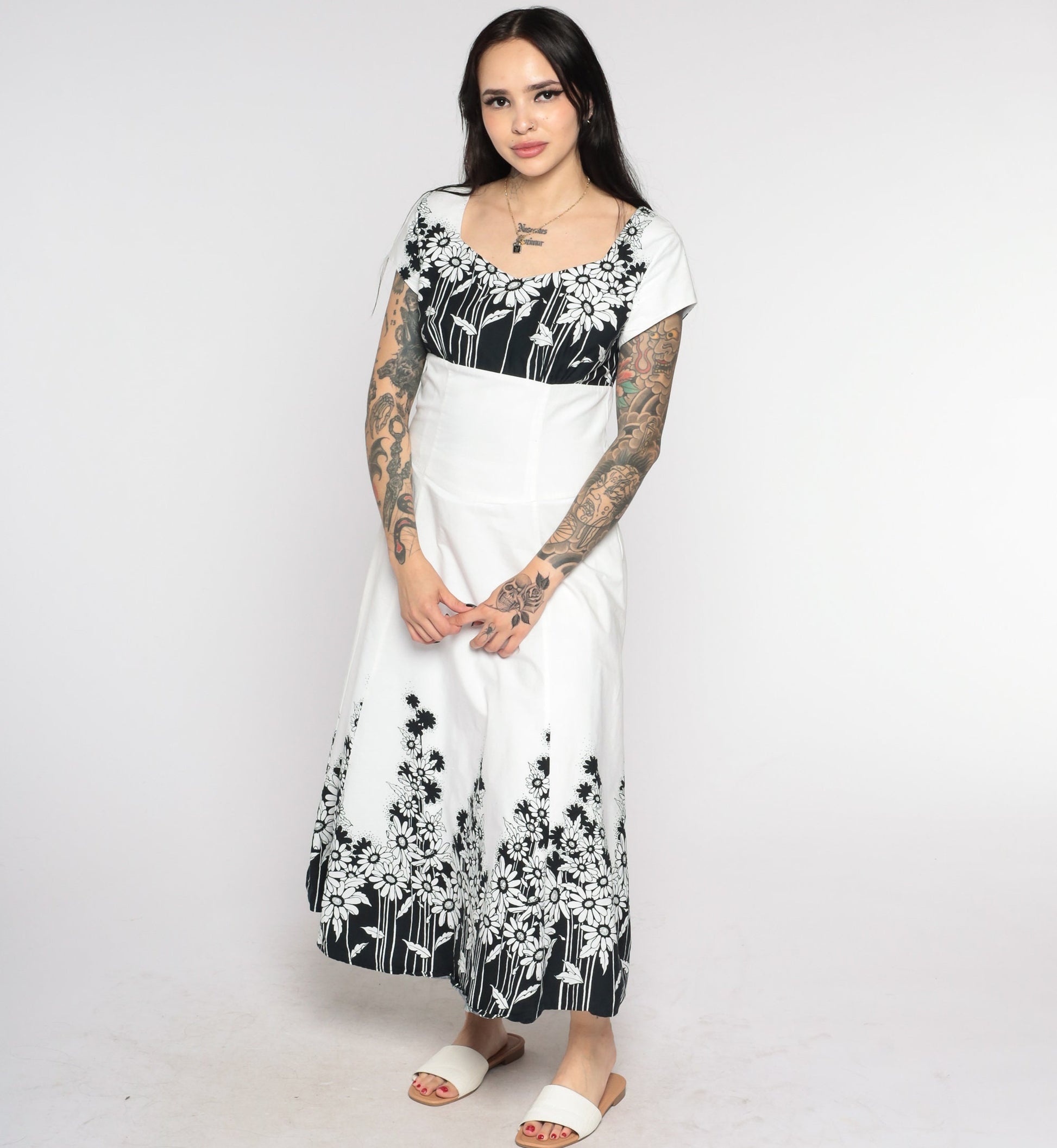 90s Jodi Of California Floral Midi Dress Black White Daisy Empire Waist Small