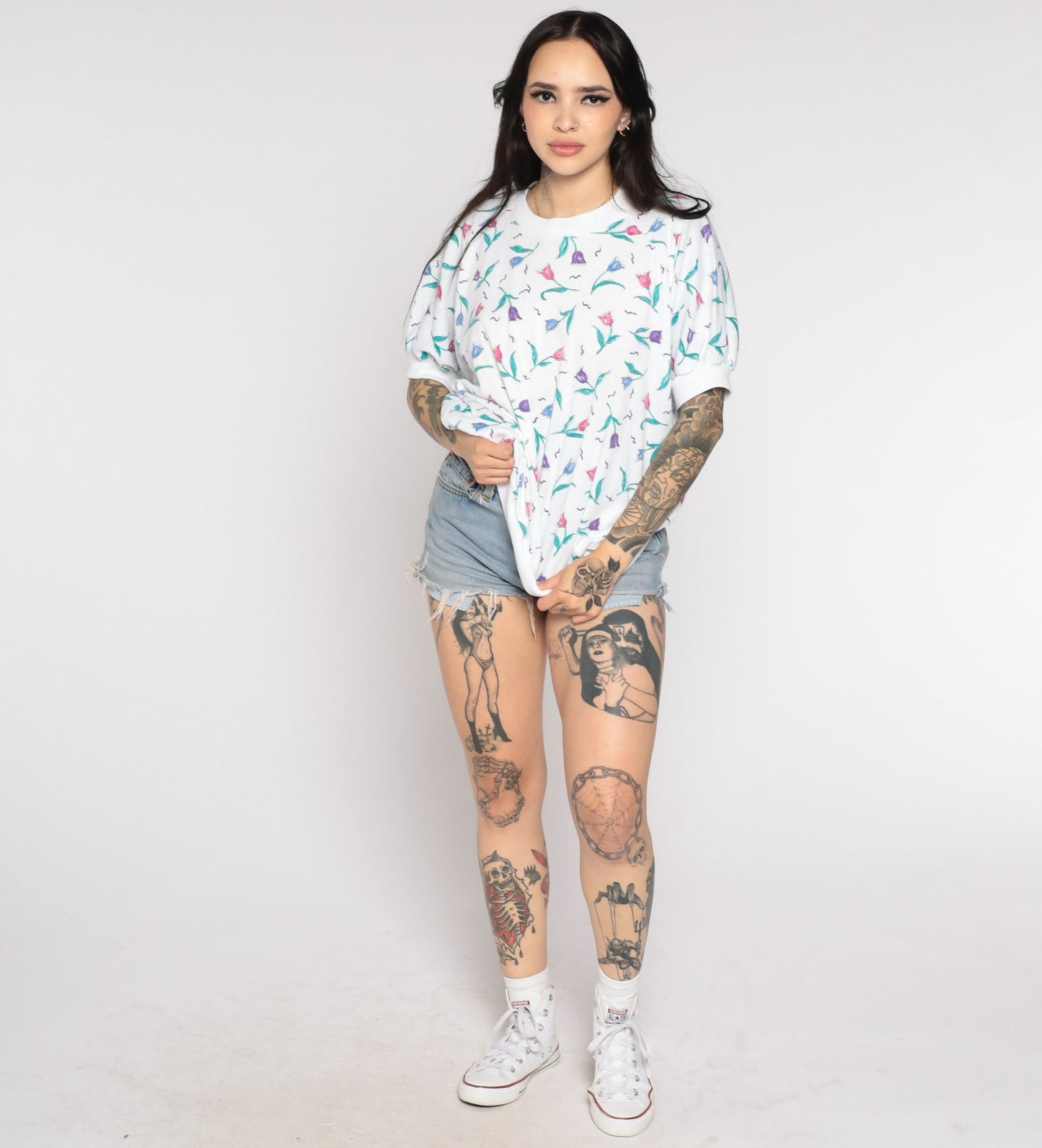 80s White Floral Print Top Banded Hem Short Sleeve Plus Size XXL