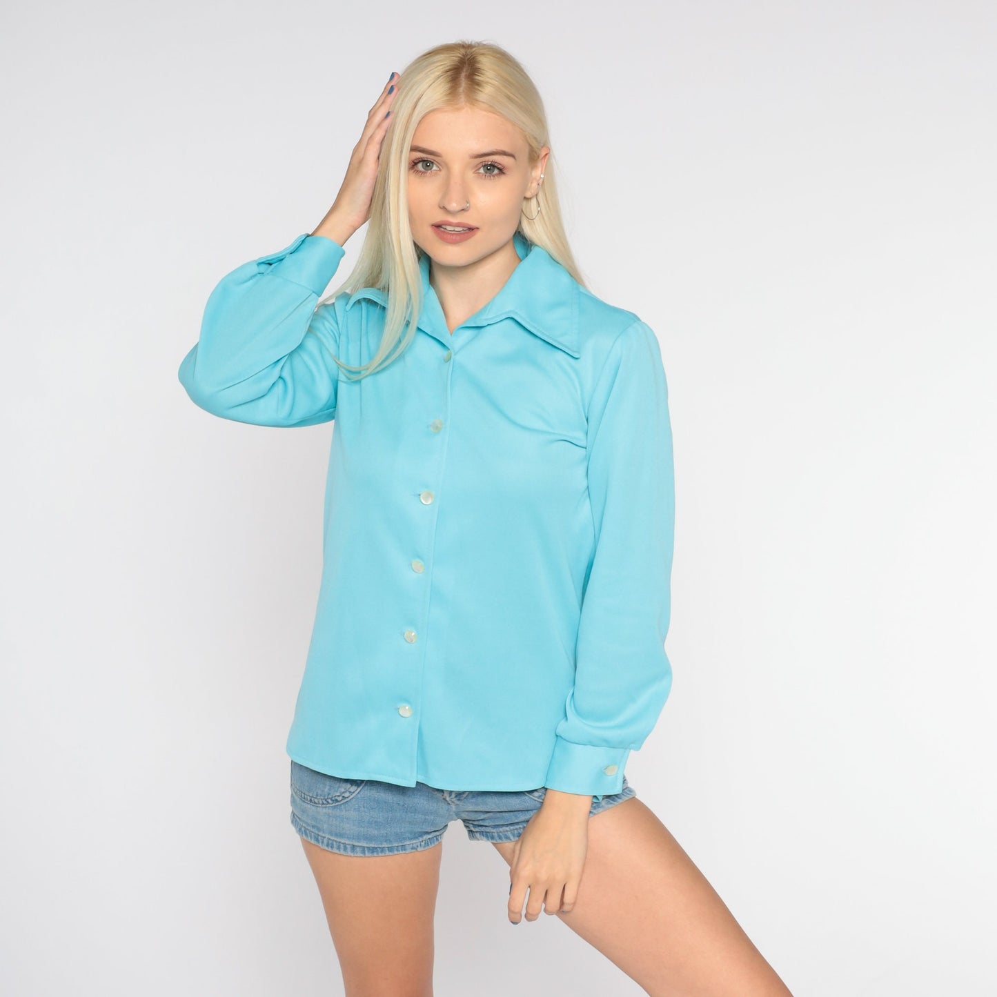 70s Blue Dagger Collar Button-Up Blouse Long Sleeve Small S