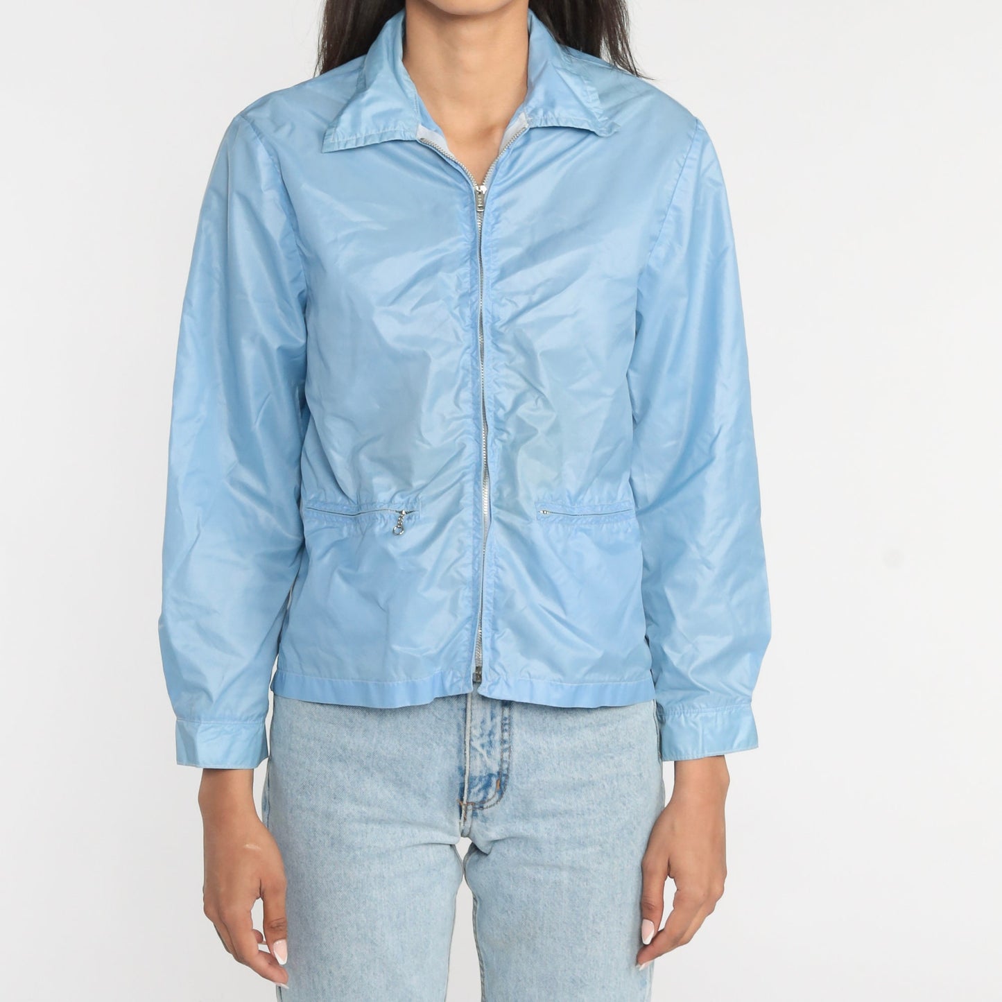 70s Baby Blue Nylon Windbreaker Zip Jacket Small