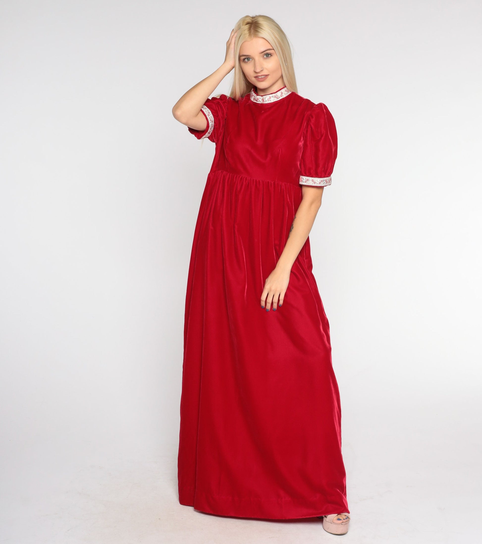 70s Red Velvet Maxi Dress Puff Sleeve High Waist Floral Ribbon Trim Small