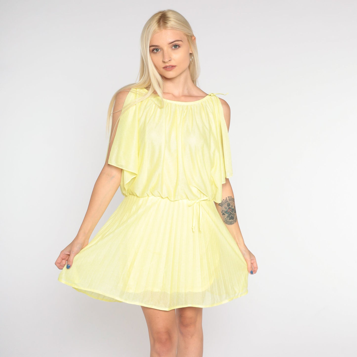 70s Yellow Mini Dress Pleated High Waist Draped Slit Sleeve Small Medium