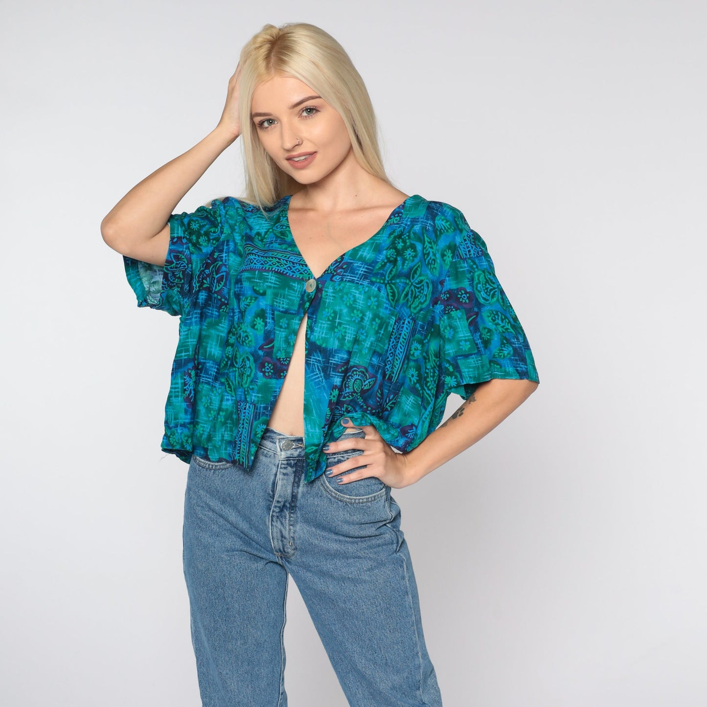 90s Blue Floral Rayon Blouse Open Front Button Up Short Sleeve Extra Extra Large XXL