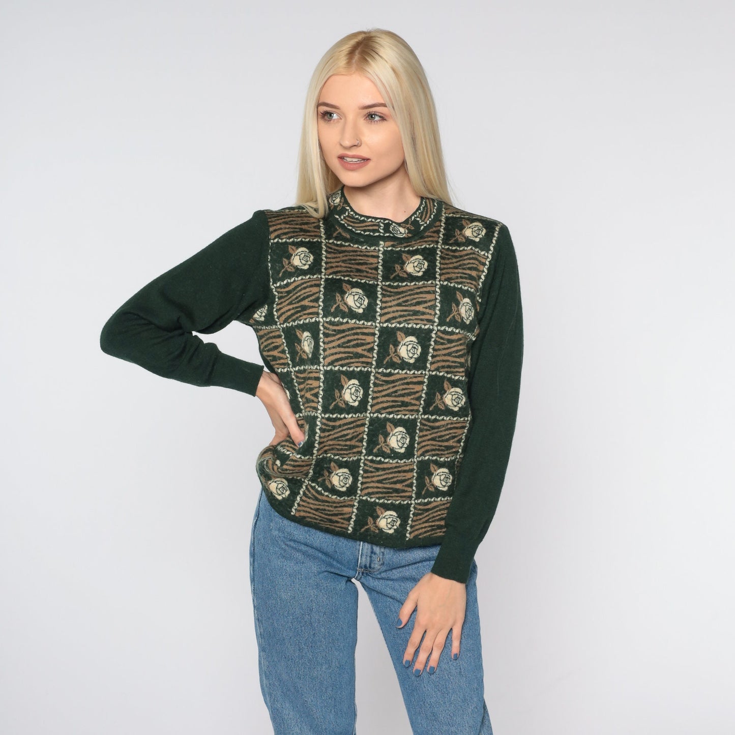 80s Dark Green Floral Striped Angora Blend Sweater Crewneck Small