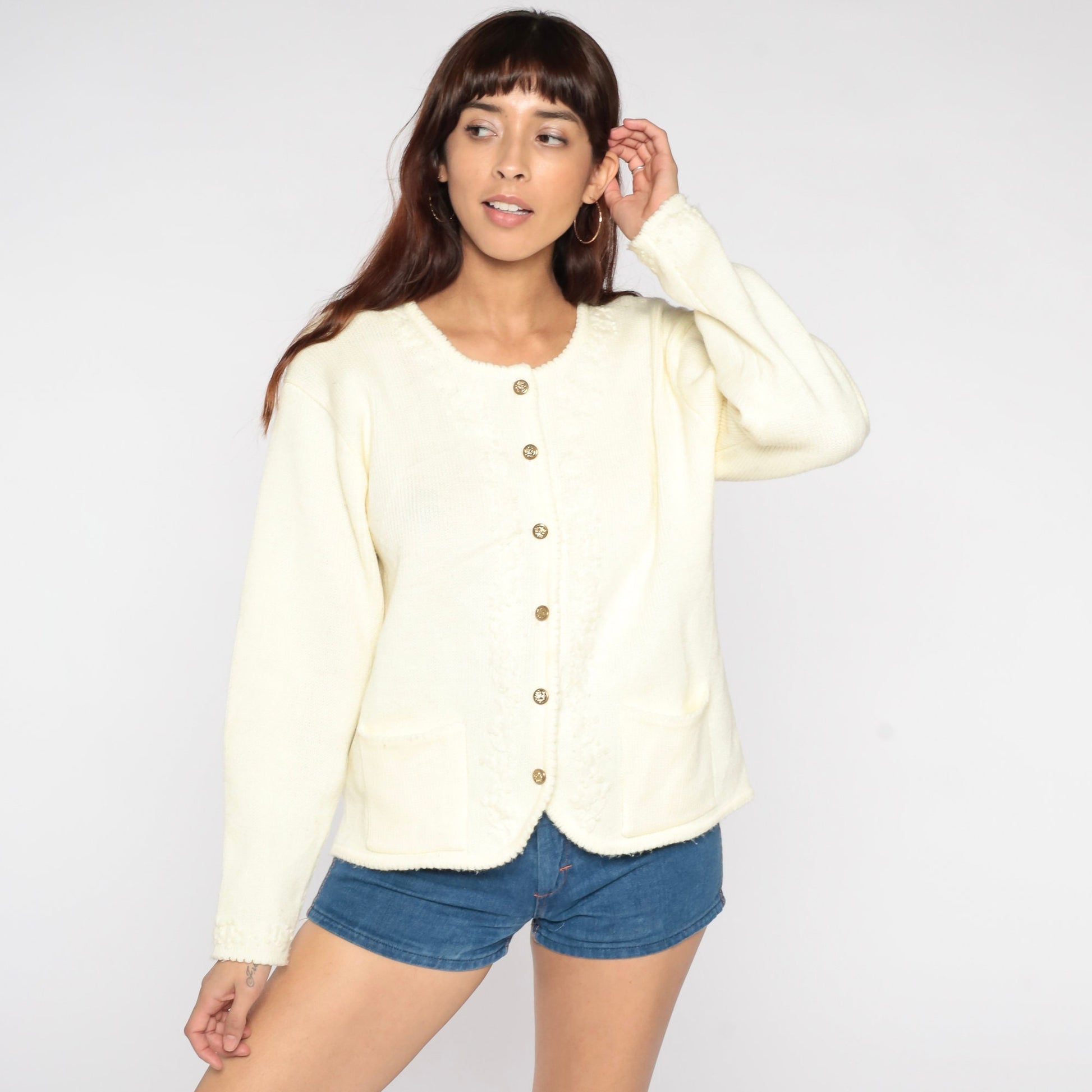 80s Floral Embroidered Cardigan Cream Button-Up Knit Sweater Medium Large