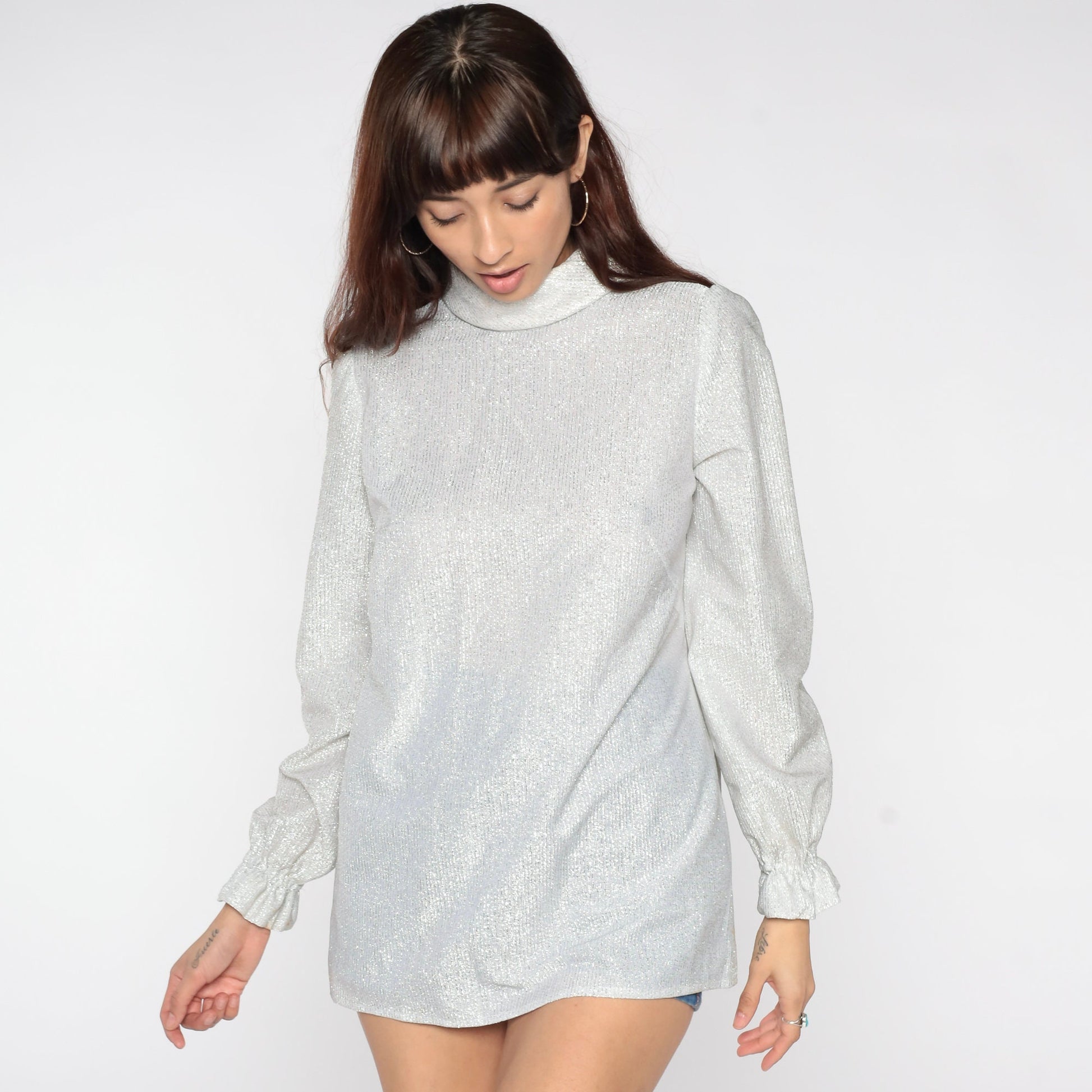 70s Silver Metallic Turtleneck Puff Sleeve Blouse Small