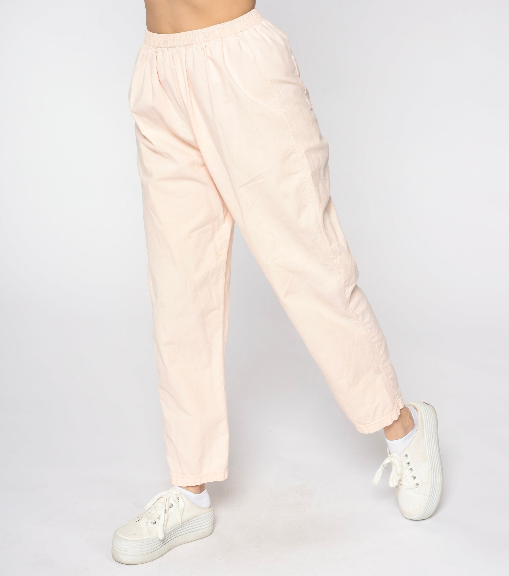 80s Baby Pink Cotton Tapered Pants Elastic Waist Pull-On Medium