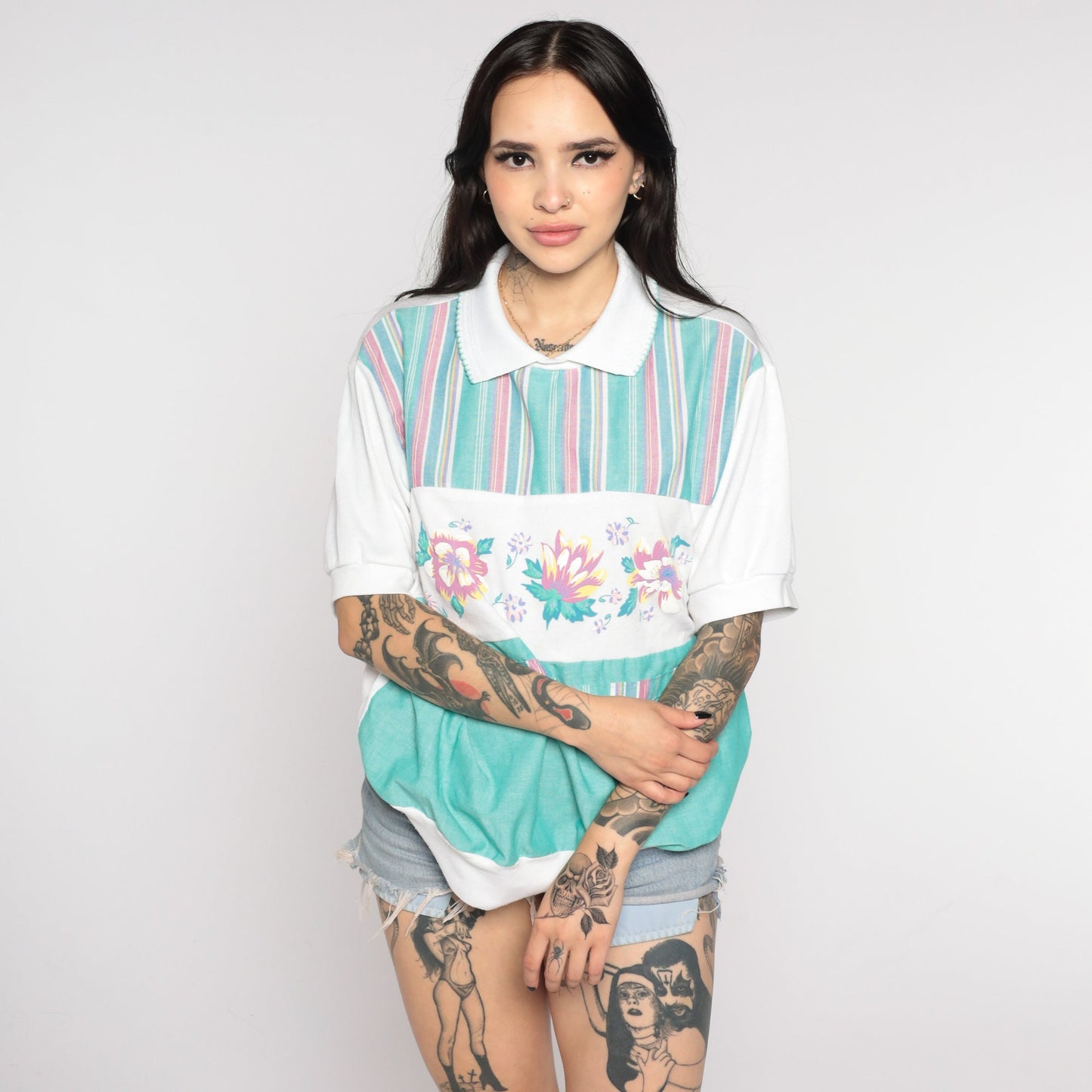 80s Floral Colour Block Striped Shirt Green White Short Sleeve Extra Large XL
