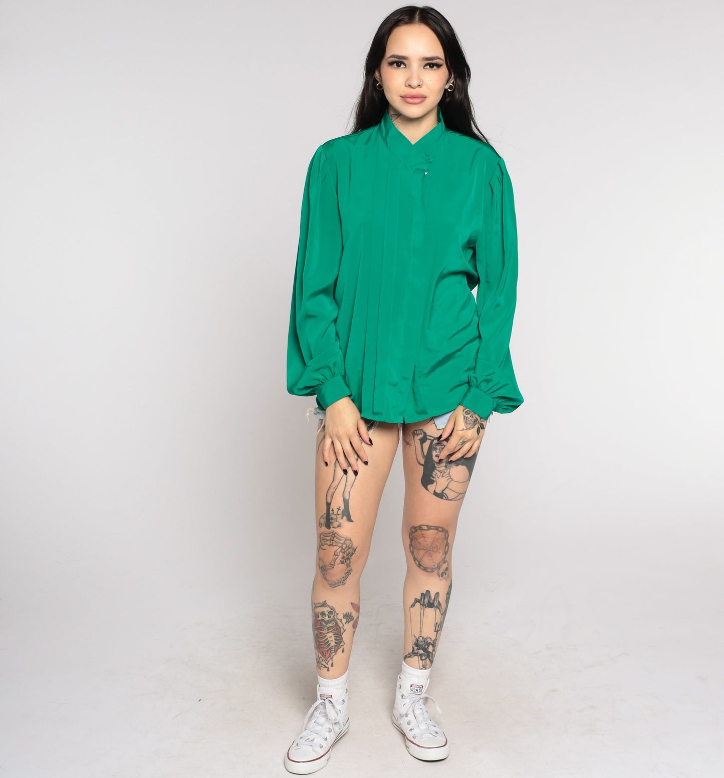 80s Green Pleated Blouse Puff Sleeve Collared Button-Up Medium