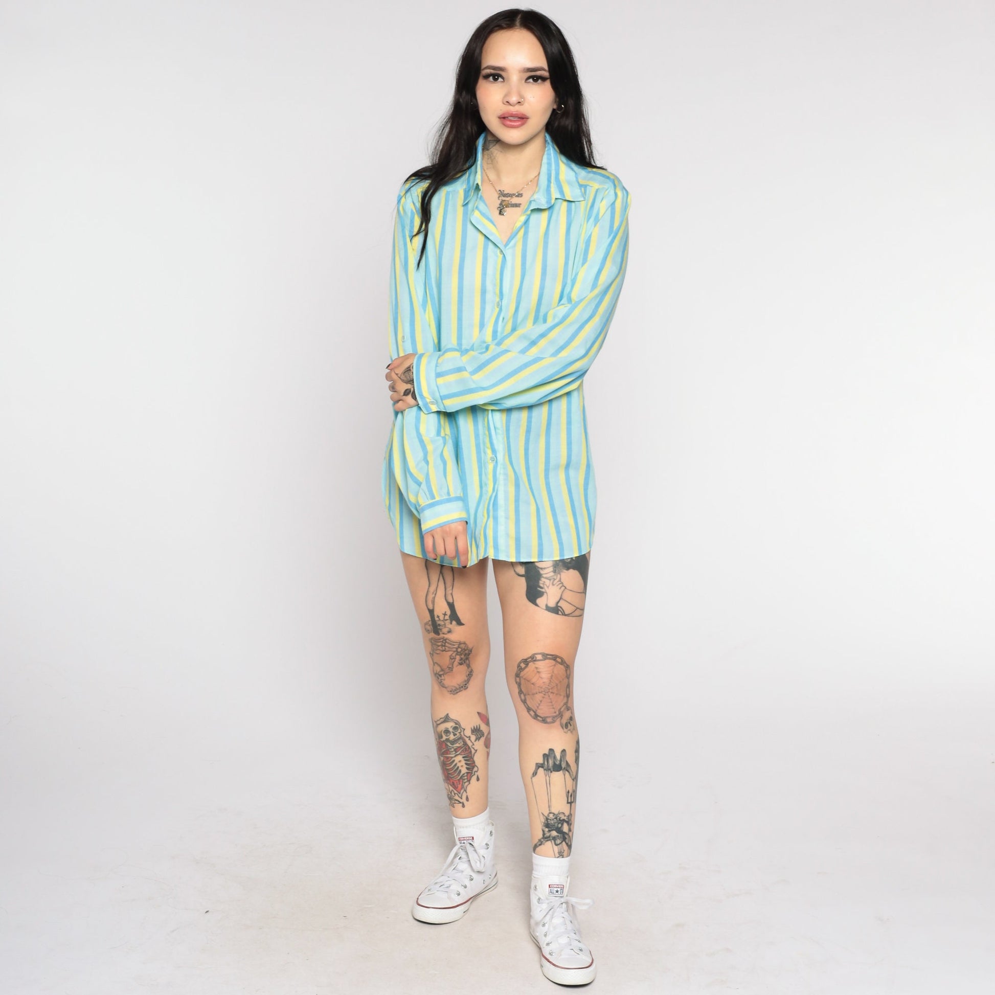 80s Blue & Yellow Striped Button-Up Blouse Notched Collar Long Sleeve Medium