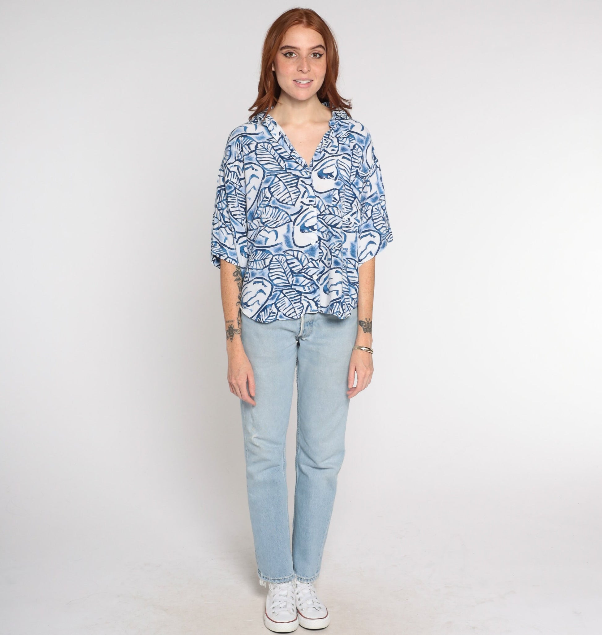 90s Blue White Leaf Print Button Up Shirt Rayon Large L