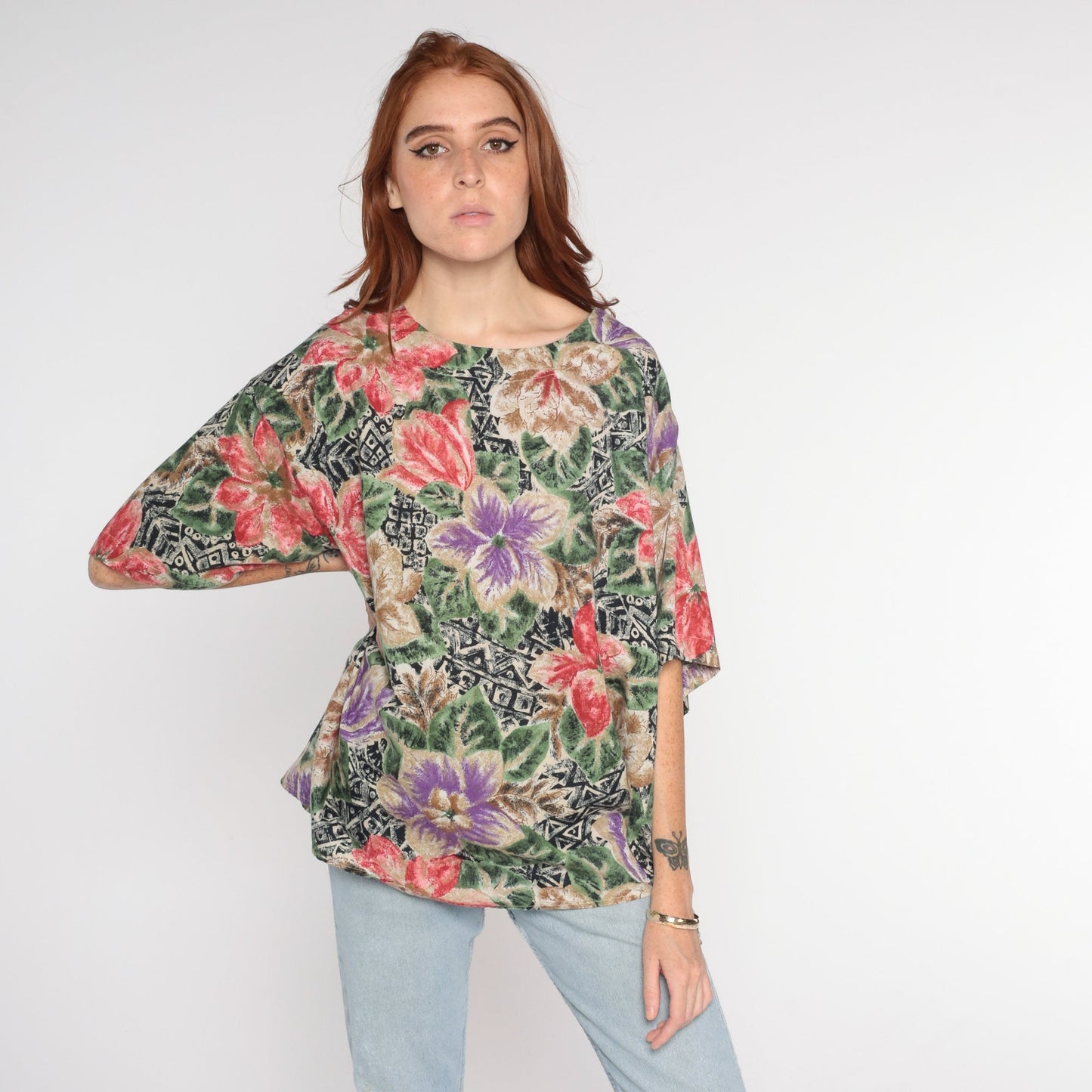90s Hawaiian Floral Geometric Print Blouse Short Sleeve Plus Size XXL