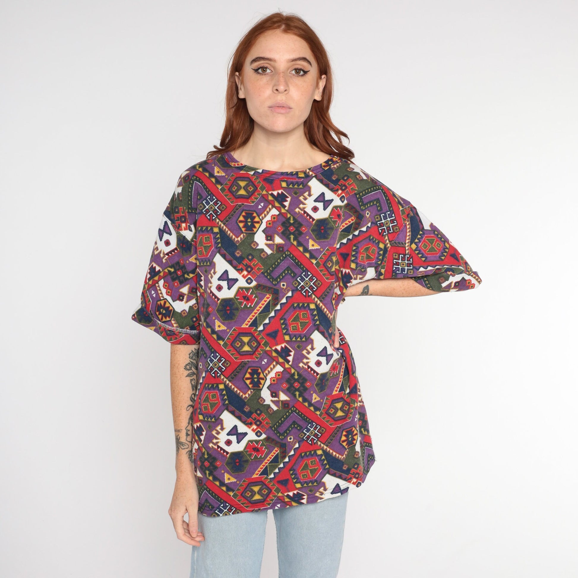 90s Southwestern Graphic T-Shirt Purple Aztec Print Extra Large XL