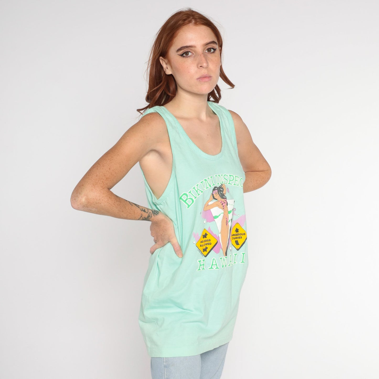 80s Bikini Inspector Tank Top Hawaii Graphic Mint Green Large