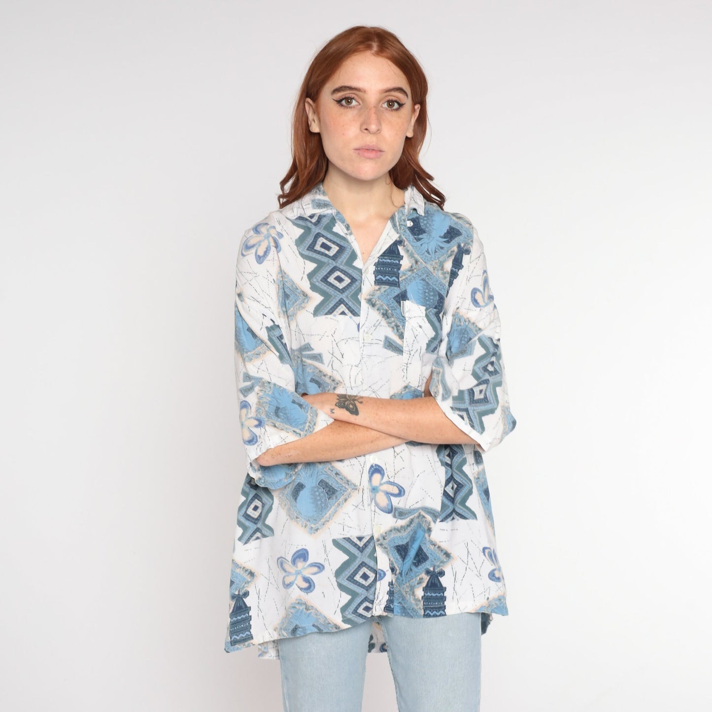 Y2K Tropical Pineapple Print Button Up Shirt White Blue Abstract Mens Large