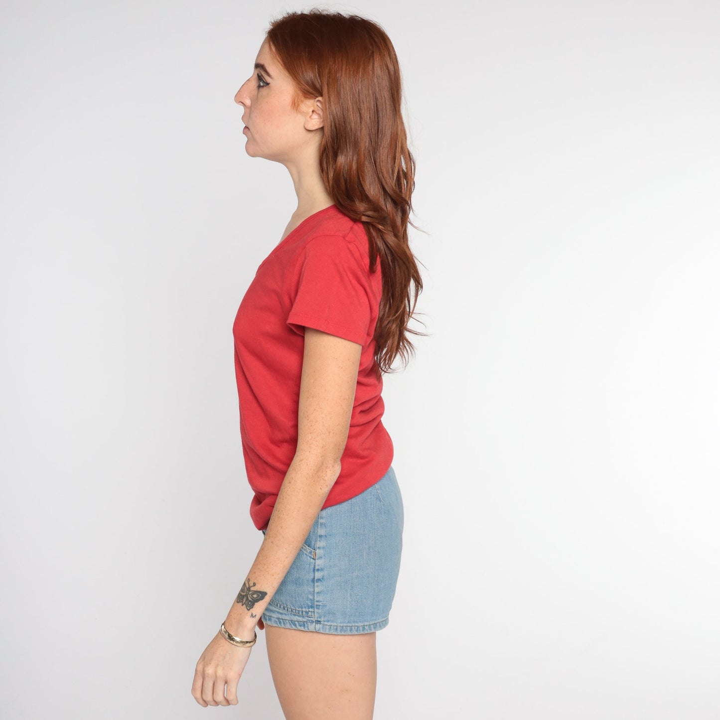 80s Red V-Neck T-Shirt Single Stitch Cotton Tee Medium M