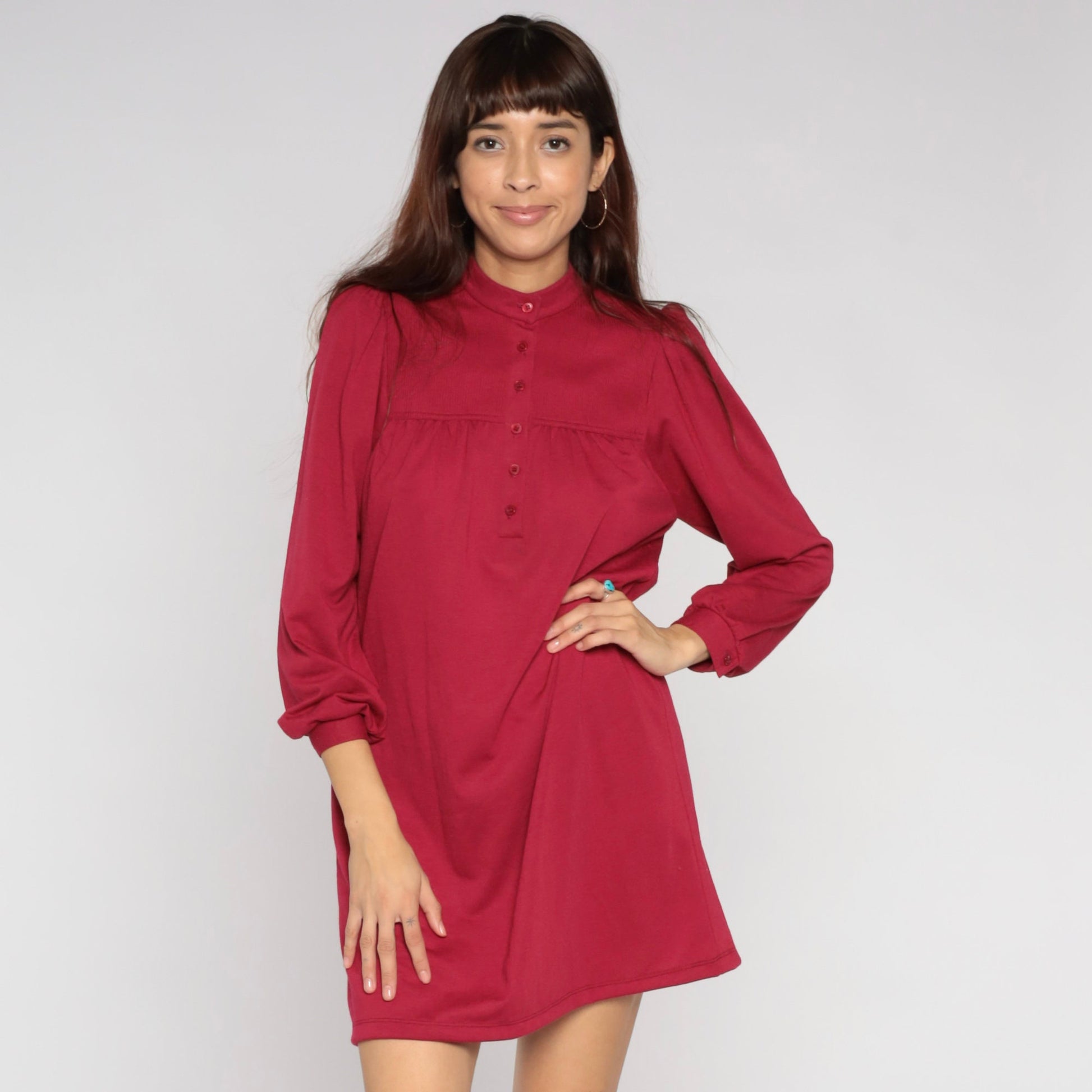70s Leslie Fay Berry Red Mini Dress Puff Sleeve Button Bib Medium