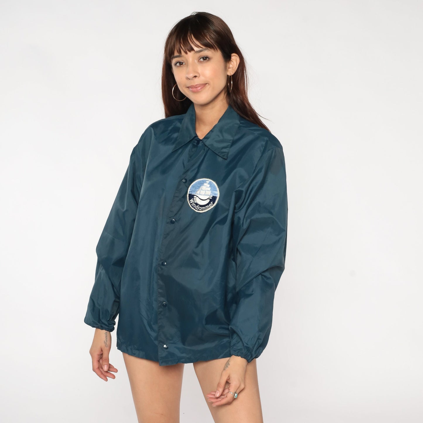 70s Windjammer Sailboat Patch Windbreaker Jacket Navy Nylon Mens Medium