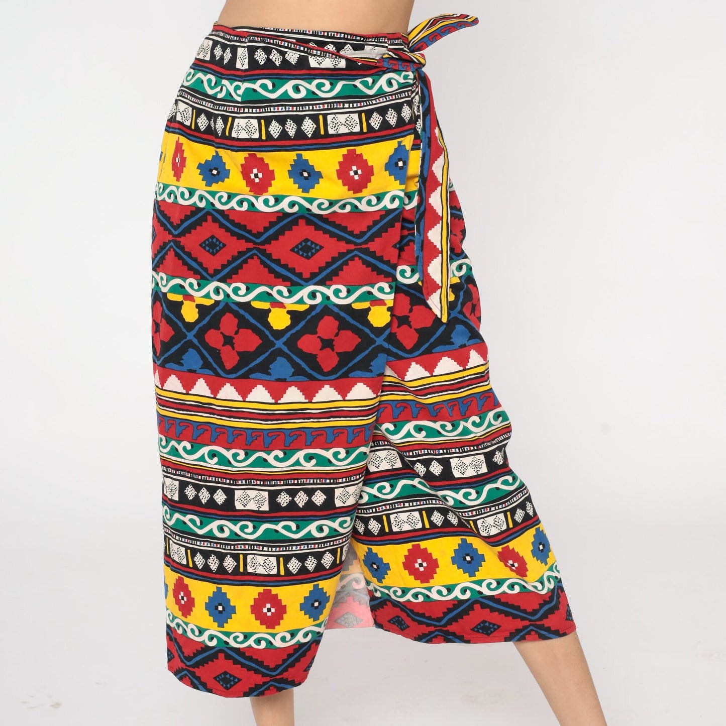 90s Geometric Aztec Print Wrap Midi Skirt Cotton Red Yellow Blue Medium M