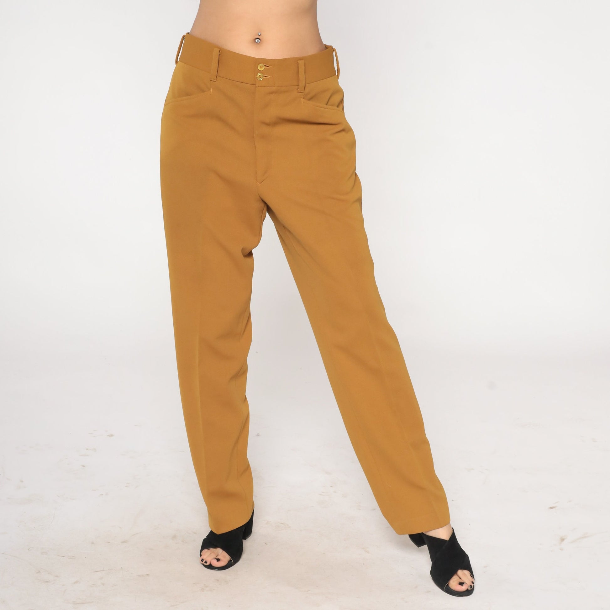 70s Brown Straight Leg Trousers High Rise Menswear Slacks Large 34
