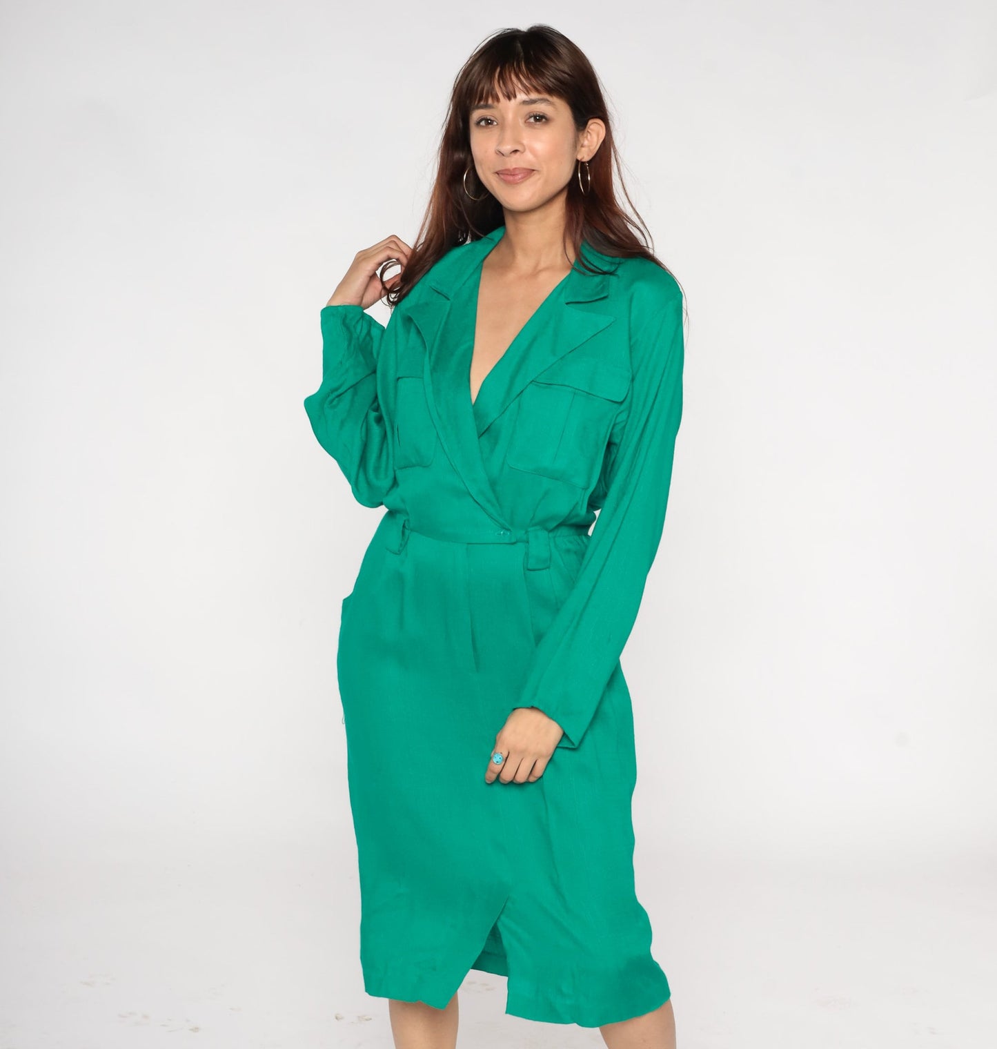 80s Green Midi Wrap Dress Button-Up Collar Pockets Long Sleeve Small