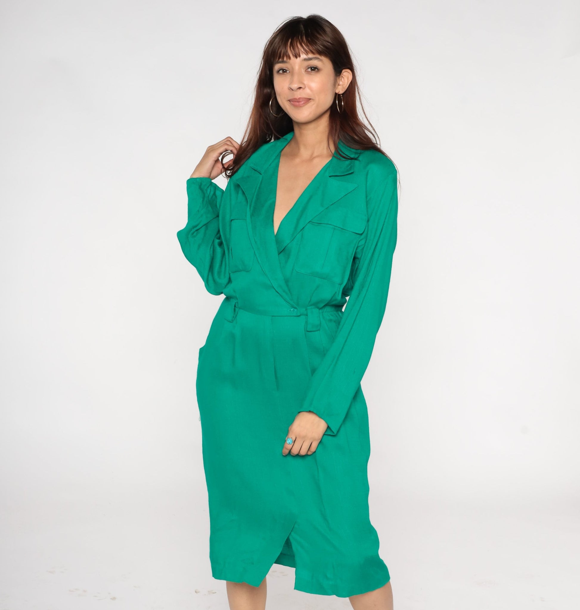 80s Green Midi Wrap Dress Button-Up Collar Pockets Long Sleeve Small