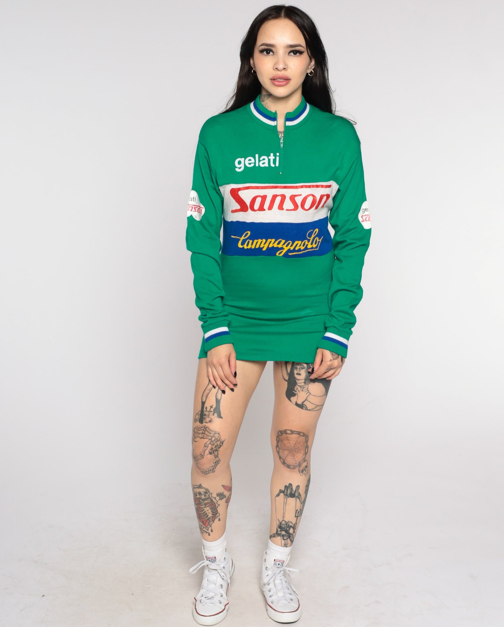 80s Campagnolo Sanson Gelati Cycling Jersey Green Striped Zip Neck Small