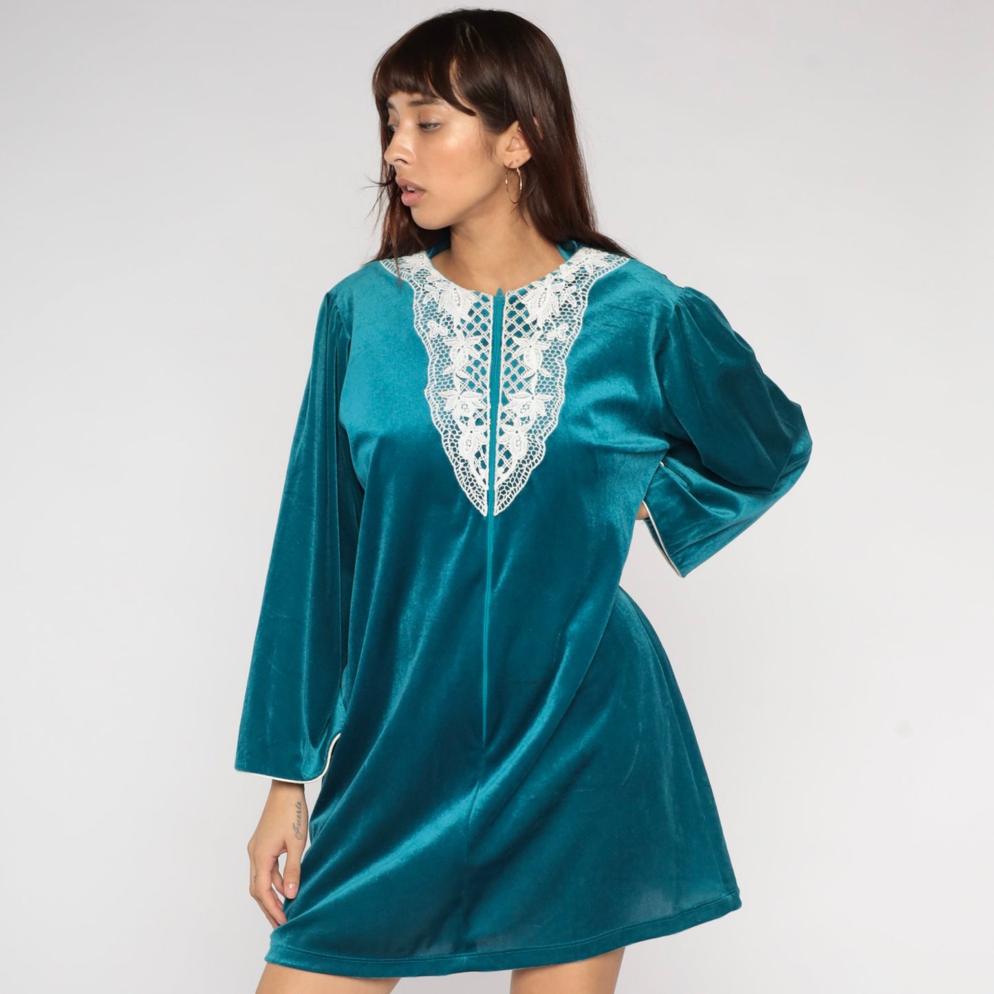 80s Teal Velour Mini Lounge Dress Floral Lace Bib Long Sleeve Zip Front Large L