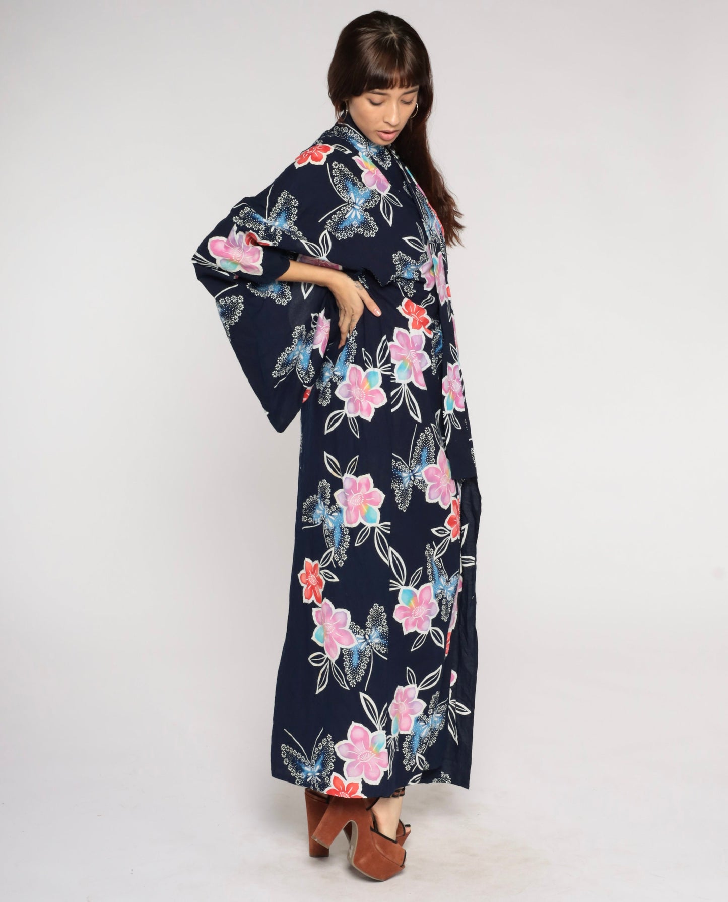 Y2K Navy Floral Butterfly Kimono Robe Maxi Cotton Open Front Medium