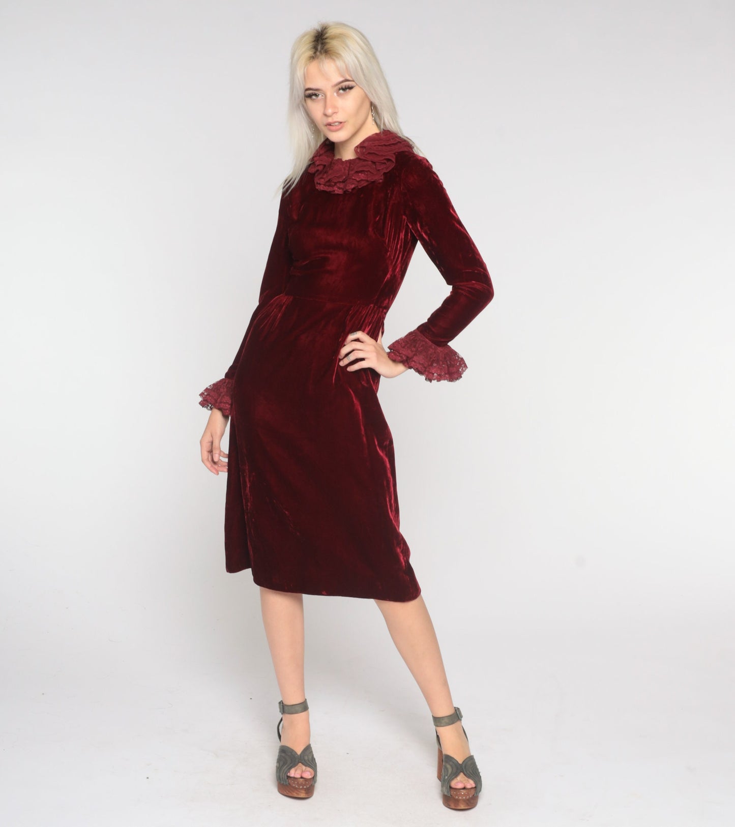 60s Red Velvet Midi Dress Lace Ruffle Long Sleeve High Waist Extra Small