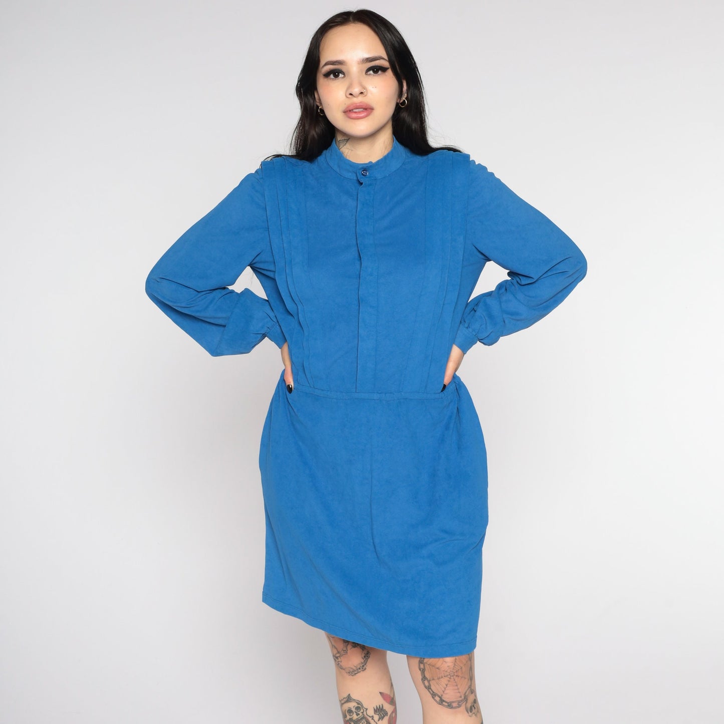 1970s Blue Faux Suede Mini Dress Long Sleeve Elastic Waist Medium Large