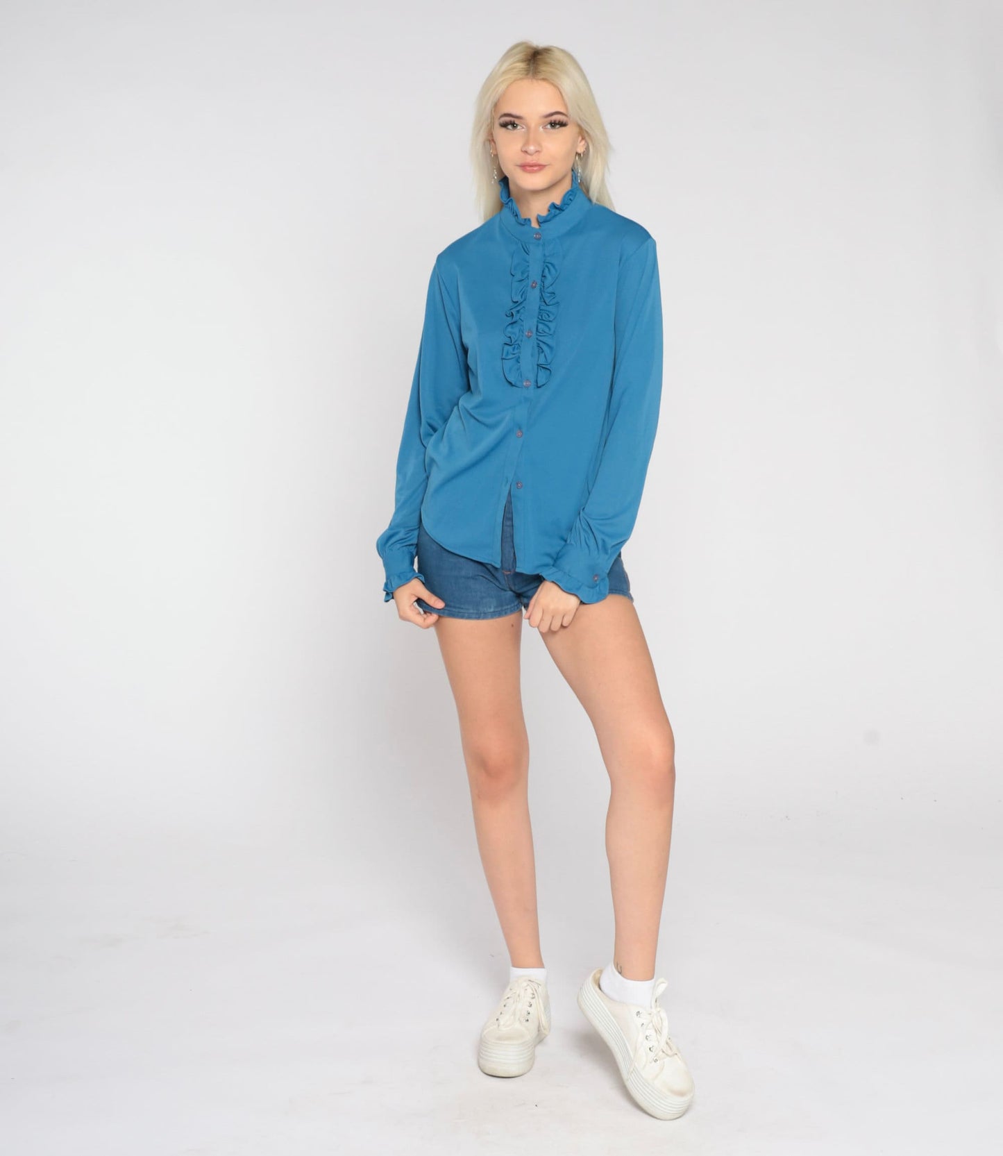 70s Blue Tuxedo Ruffle Blouse High Neck Button Up Long Sleeve Small