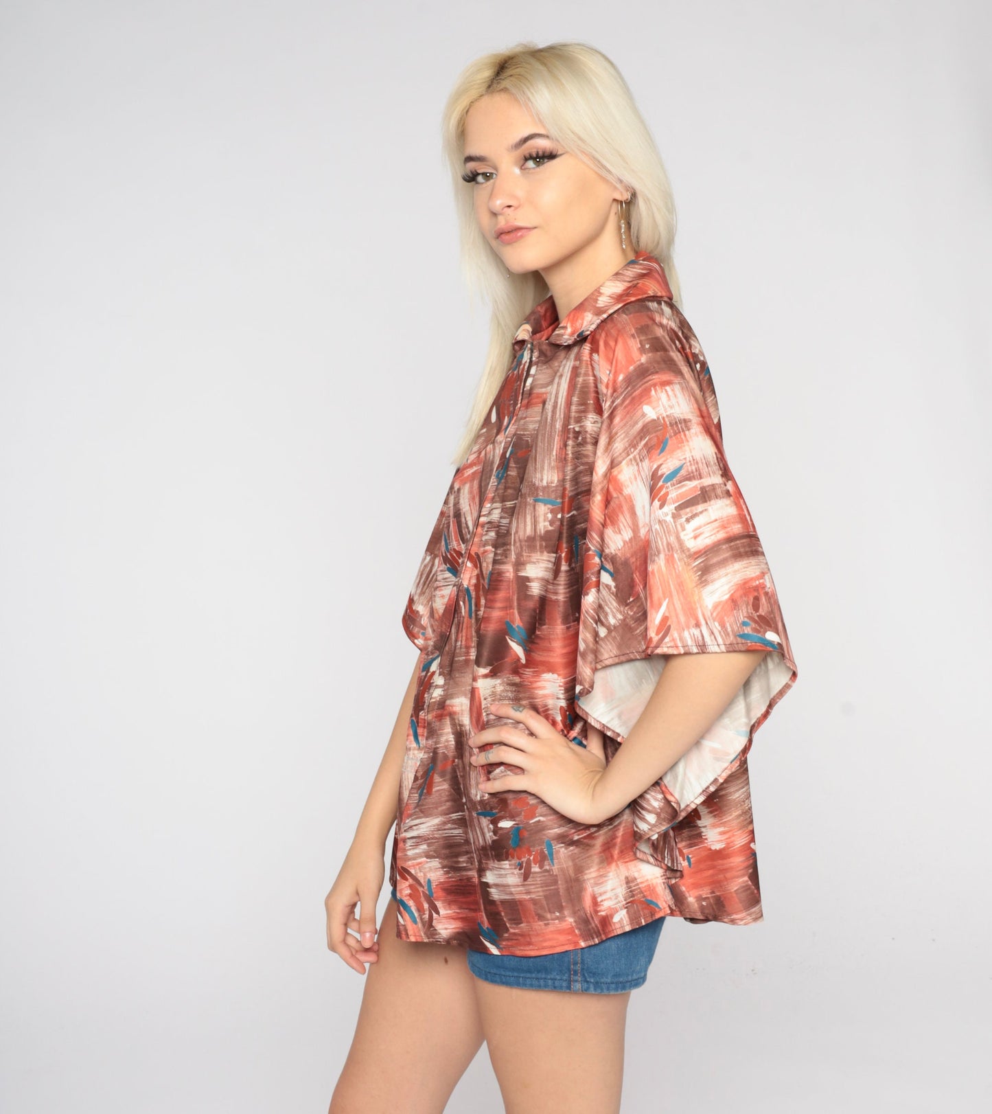 70s Angel Sleeve Zip Blouse Abstract Brushstroke Print Shirt One Size