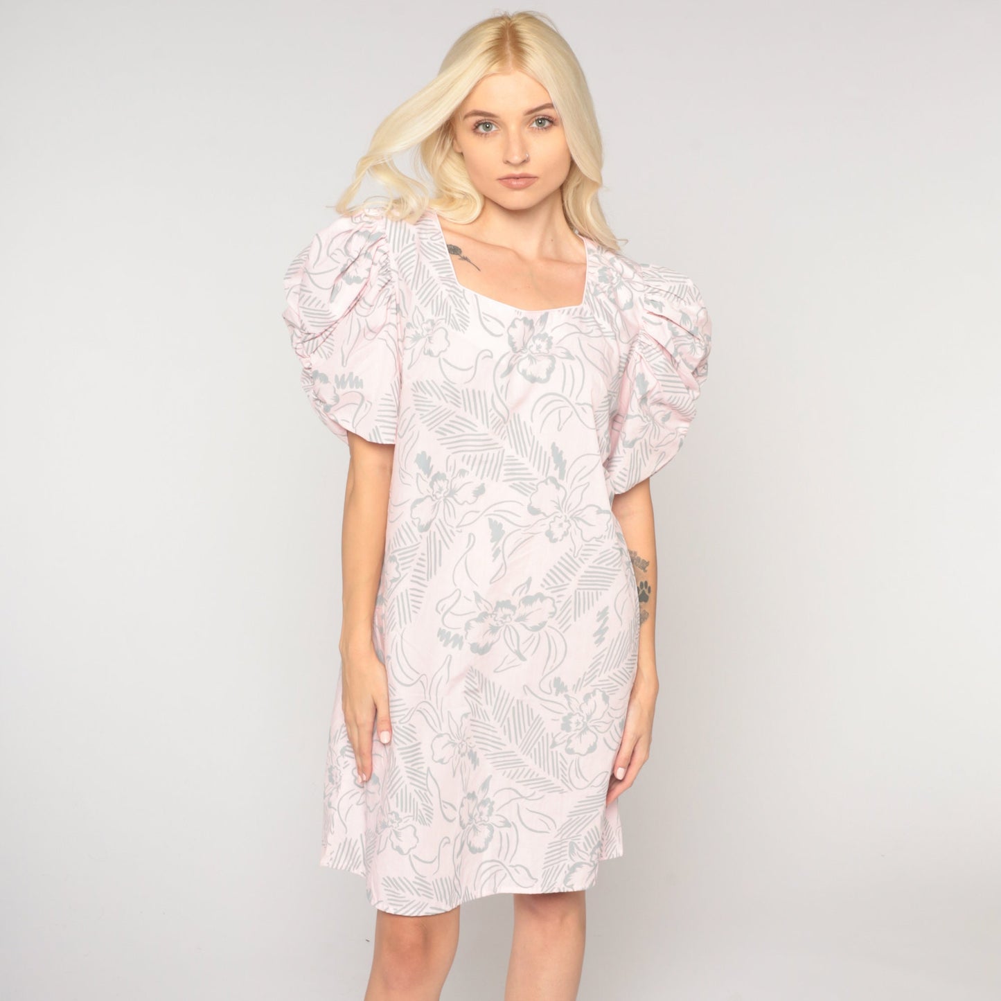 80s Floral Mini Dress Puff Sleeve Shift Dress Pink Botanical Small S