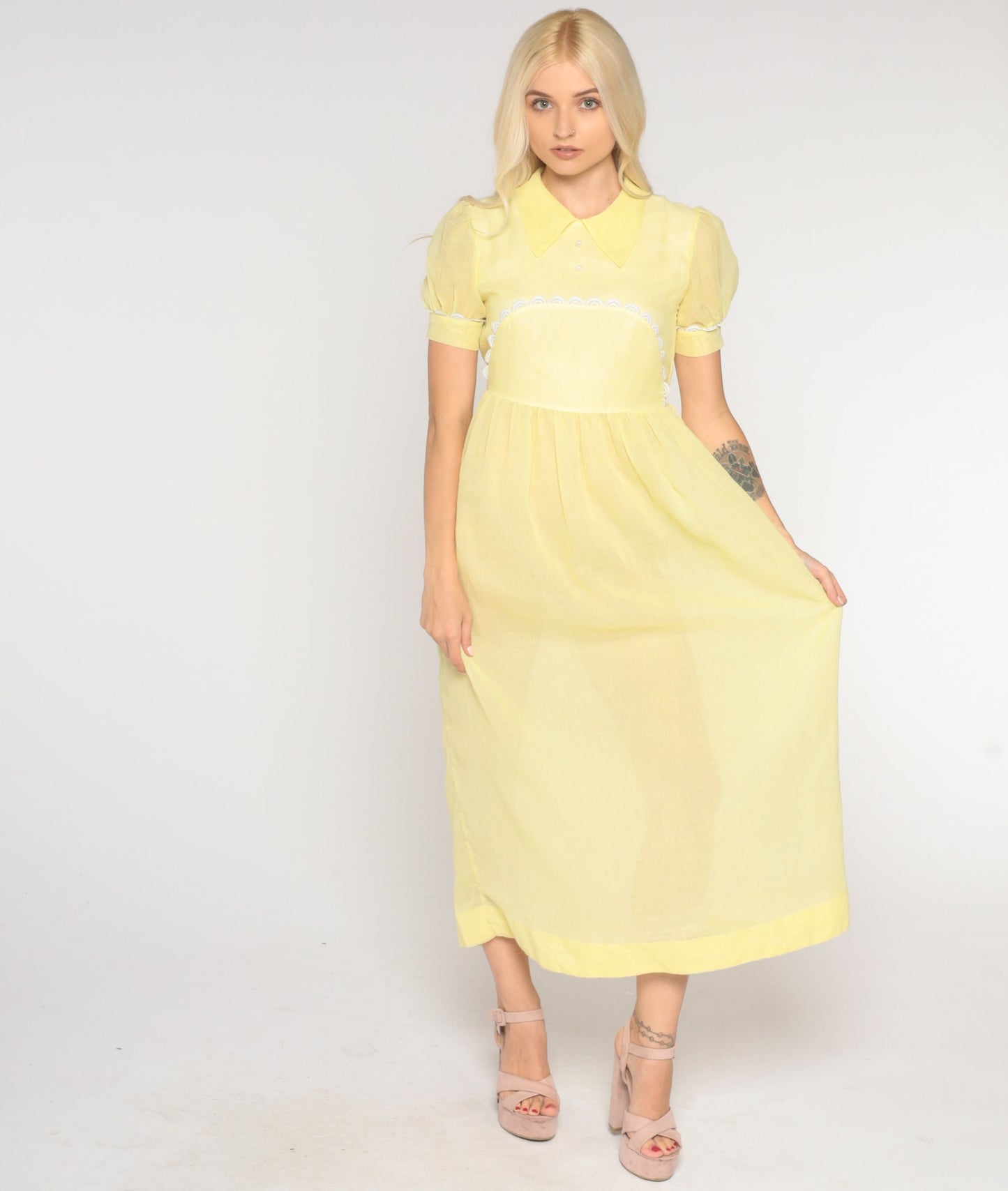 1970s Sheer Pastel Yellow Maxi Dress Puff Sleeve High Waist Extra Small