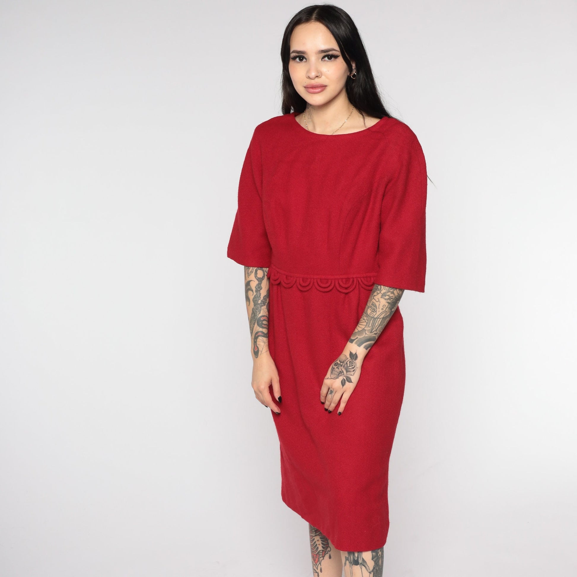 60s Stacy Ames Red Wool Midi Dress Half Sleeve High Waist Medium